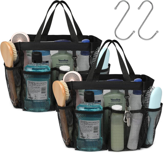 F-color Mesh Shower Caddy Portable, Upgrade Deeper 7 Pockets Shower Bag Basket Tote for College Dorm Room Bathroom Essentials Gym Camp Quick Dry 2 handles with S Hook, 2 Pack Black