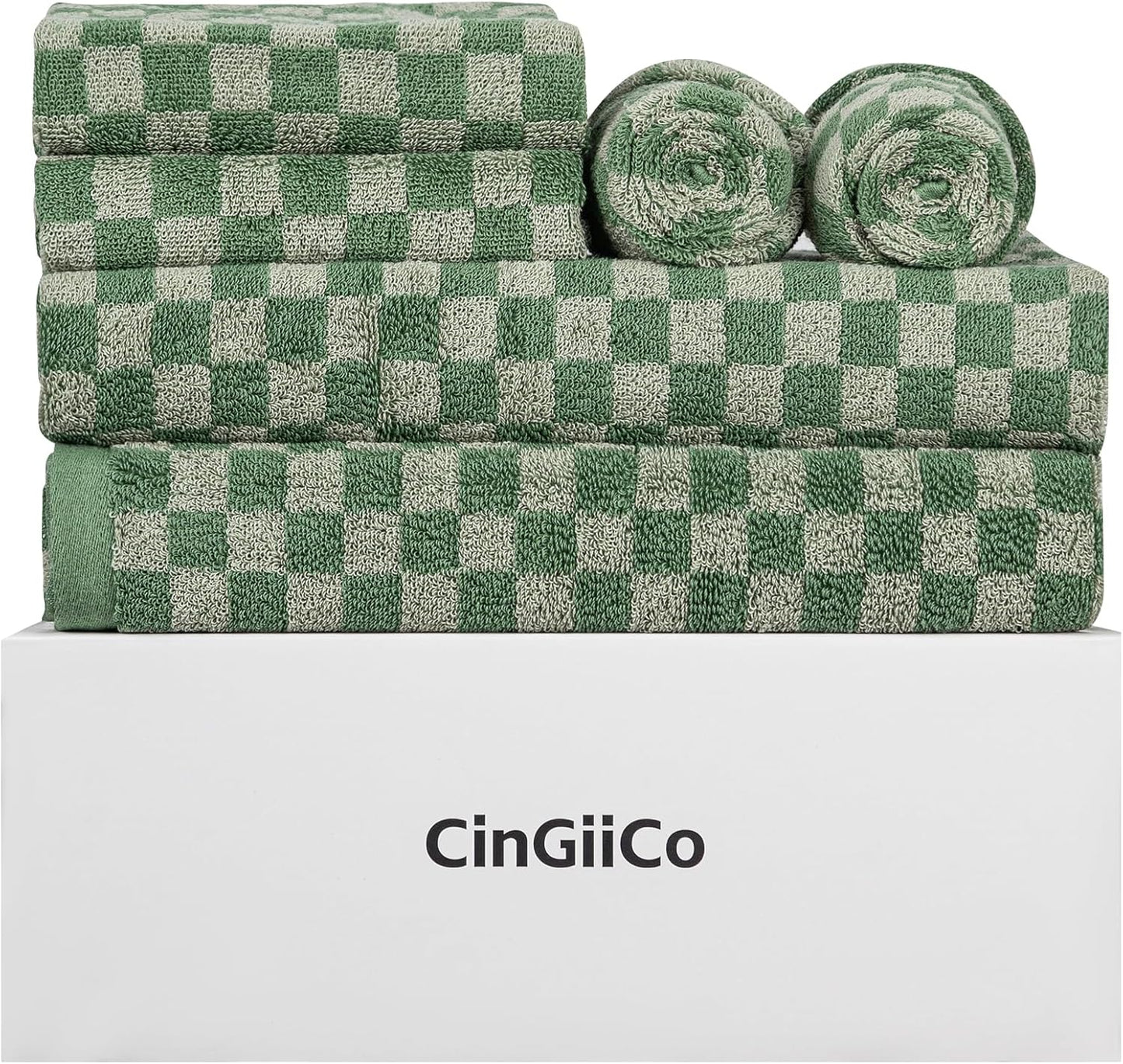 Checkered Bath Towels Set of 6 Large, 520GSM, 100% Cotton Shower Towels * 2 (55.12"*27.56"), Hand Towels * 4 (29.52"*13.77"),Towels for Bathroom、Pool、Hotel, Spa, Soft Absorbent（Dark Green