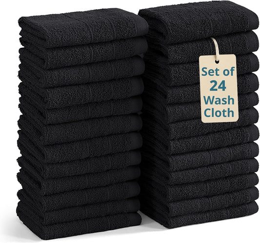 Casa Platino 100% Cotton Washcloths 24 Pack - Spa & Salon Quality Face Cloths - Ring Spun, Soft & Absorbent Wash Cloths for Body, Beauty, Home, Gym - Fingertip Towels Set- 13"x13", Black Towels Set