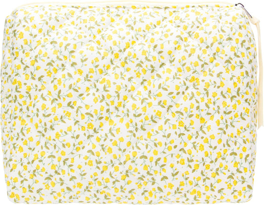 PAZIMIIK Quilted Makeup Bag Large Travel Zipper Soft Cosmetic Pouch for Women Girls Make Up,Floral Yellow