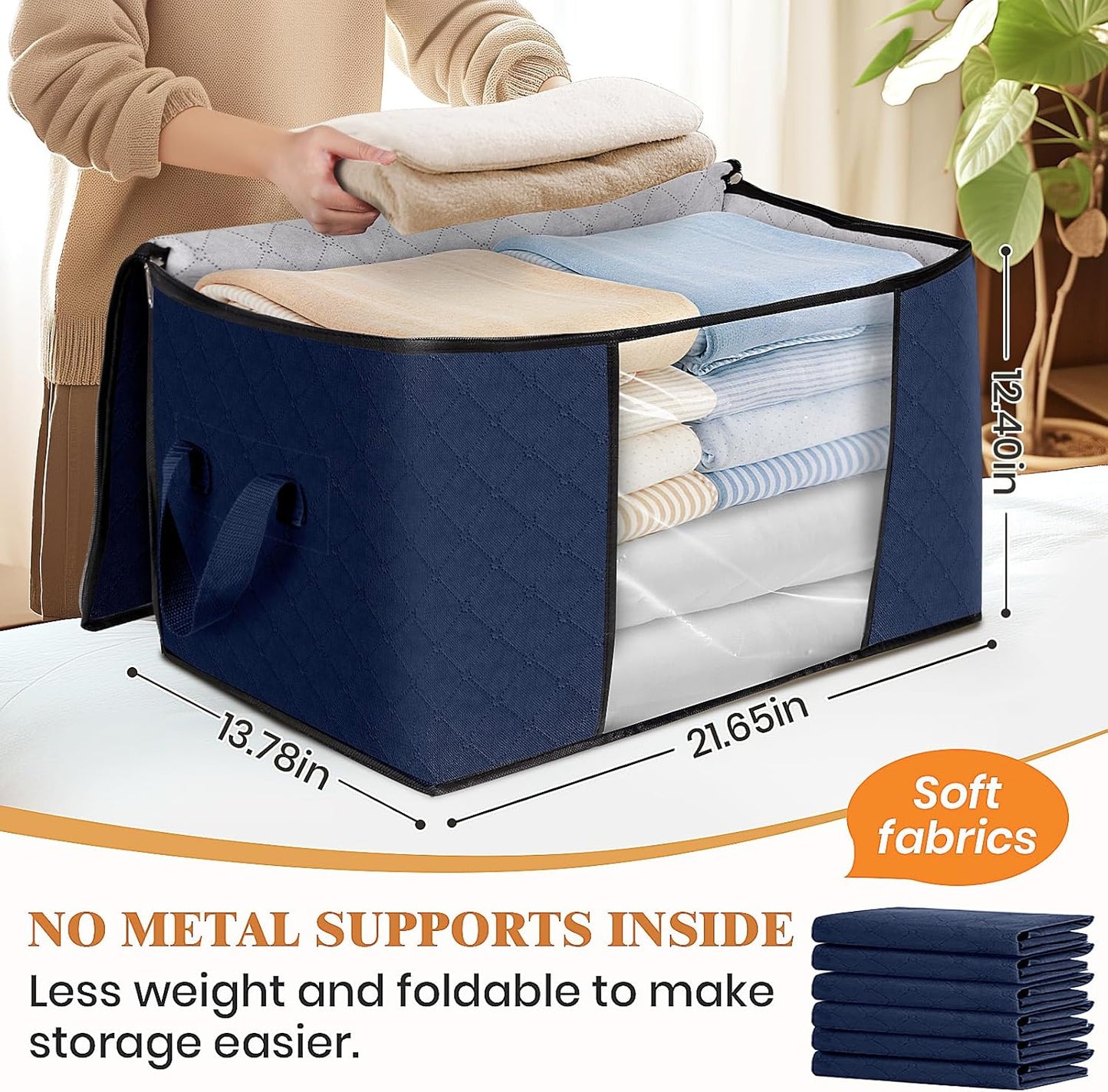 Fab totes 6 Pack Clothes Storage, Foldable Thick Fabric Blanket Storage Bags, Containers for Organizing Bedroom, Closet, Clothing, Comforter,Closet Organization with Handle,Blue