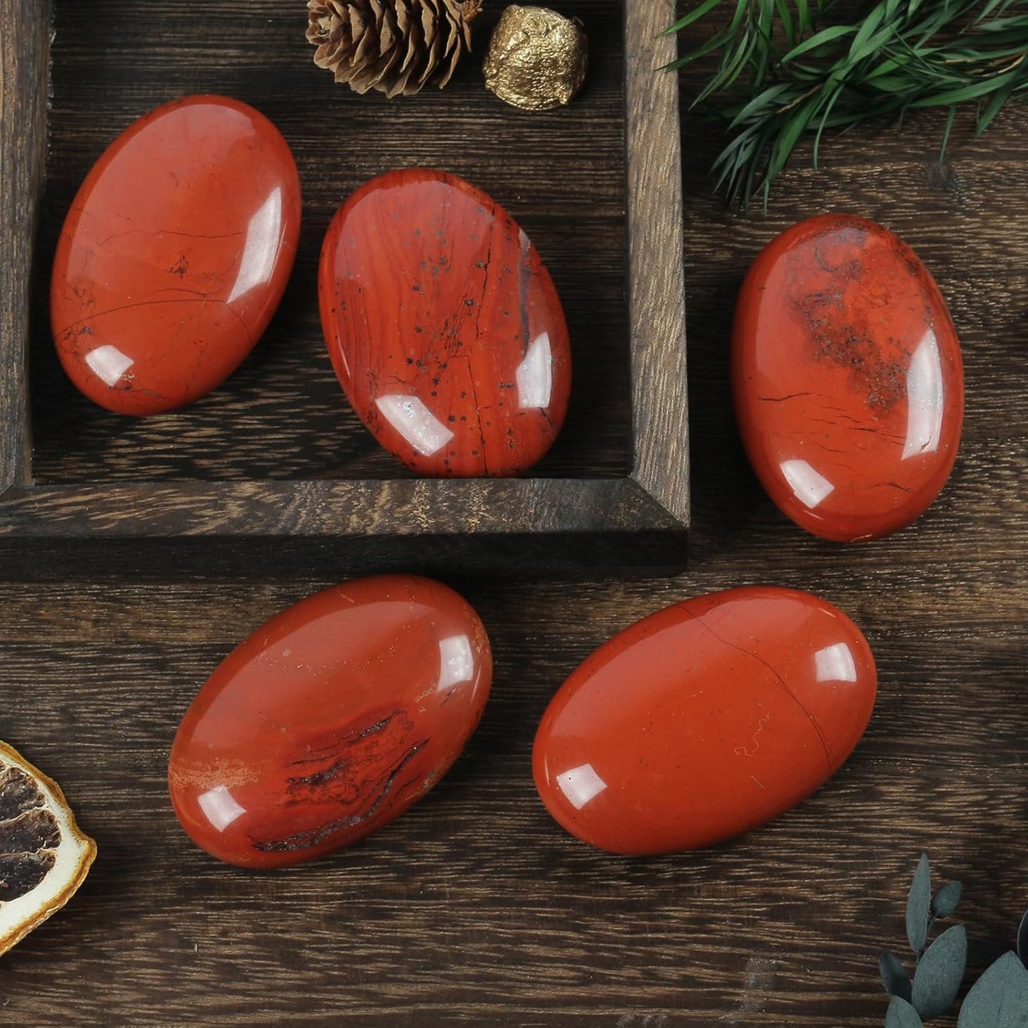 Natural Red Jasper Oval Polished Worry Stones, Healing Crystal Indoor Fountain Stones Massage Energy Anxiety Relief Items