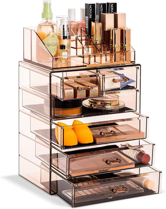 Sorbus Acrylic Makeup Organizer Set, 6-Drawer Vanity & Countertop Cosmetic Storage with Small & Wide Compartments, Bronze Glow Makeup Storage for Brushes, Jewelry – Holiday Gift for Women & Teens