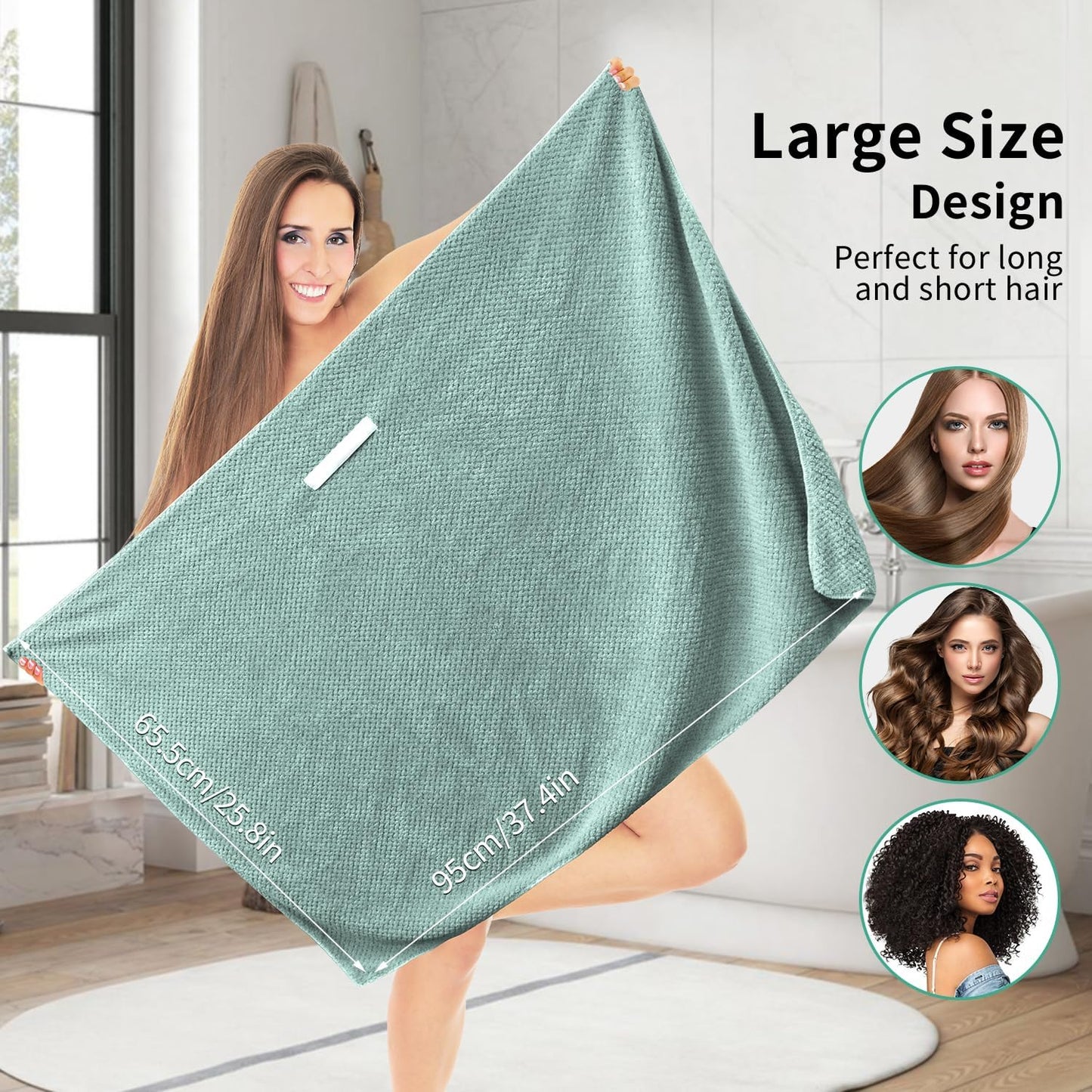 2 Pack Extra Large Microfiber Hair Towel Wrap, 37.4" x 26.4" for Women, Super Absorbent & Quick Dry Hair Towel with Elastic Strap for Curly Hair Green