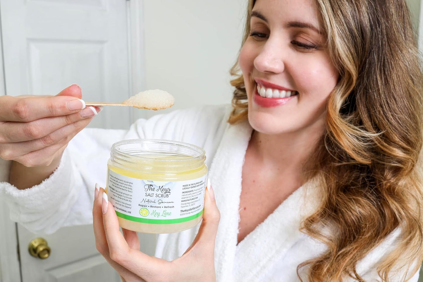 The Keys Salt Scrub -Sea Salt Scrub - Exfoliating Body Scrub with Wooden Spoon - Moisturizing Exfoliator for Hands, Foot, Bath, (12 Ounce (Pack of 1), Key Lime)