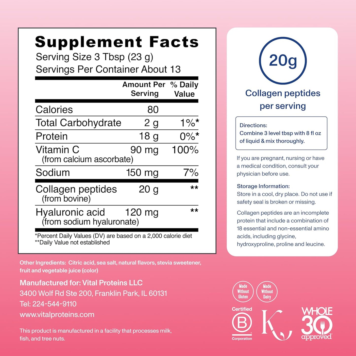 Vital Proteins Collagen Peptides Advanced, Hydrolyzed Peptides with Hyaluronic Acid and Vitamin C - Strawberry Lemon Flavor Powder, 10.5oz