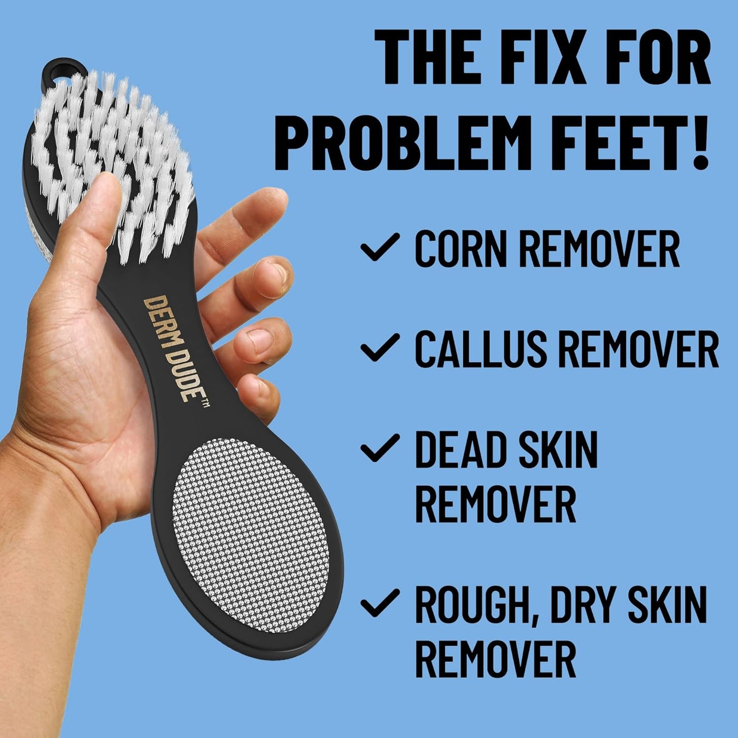 Derm Dude 4-in-1 Foot Scrubber & Heel Repair Tool | Foot File Callus Remover for Feet | Pedicure Tool with Metal File, Pumice Stone, Emery Board & Cleaning Brush to Soften & Smooth Rough, Dry Feet