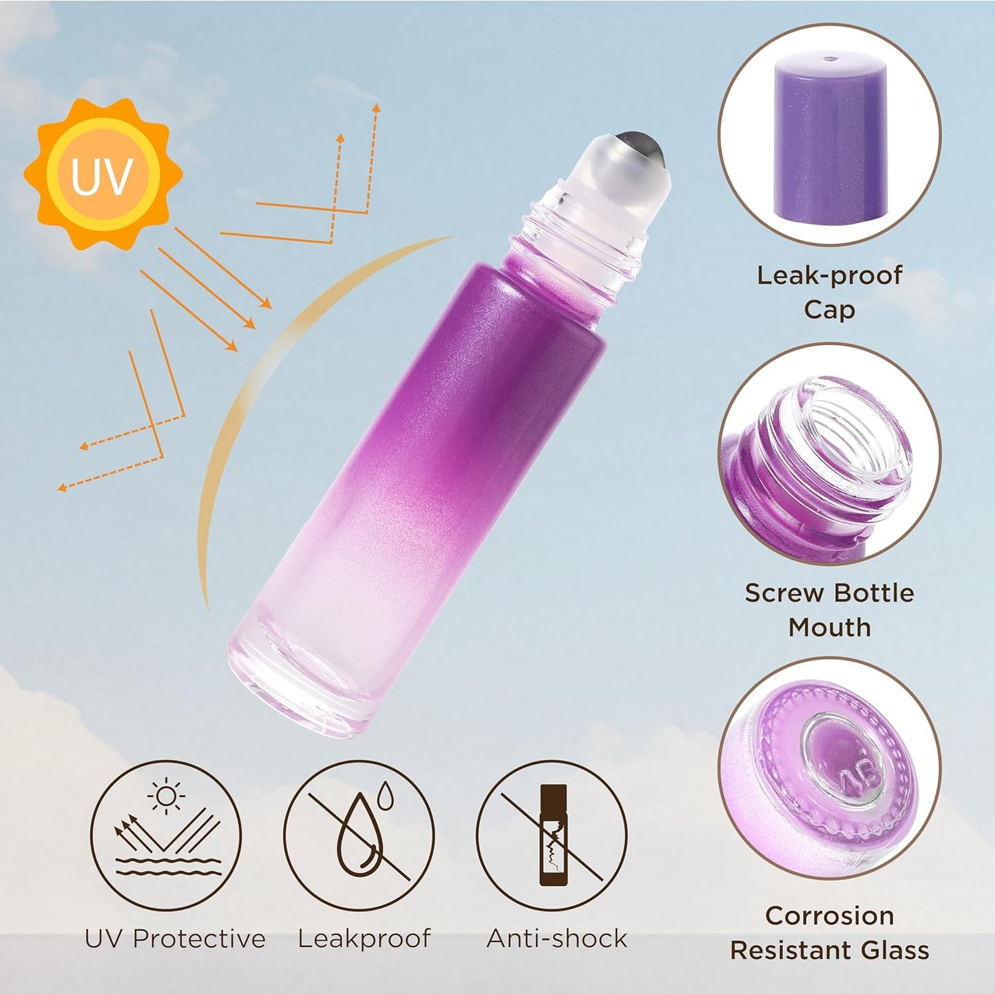 Essential Oil Roller Bottles, 10ml Thick Glass Perfume Roller Bottles with Funnel Opener and Dropper Colored Glass Empty Bottles with Stainless Steel Roller Balls (Purple, 4 Pack)
