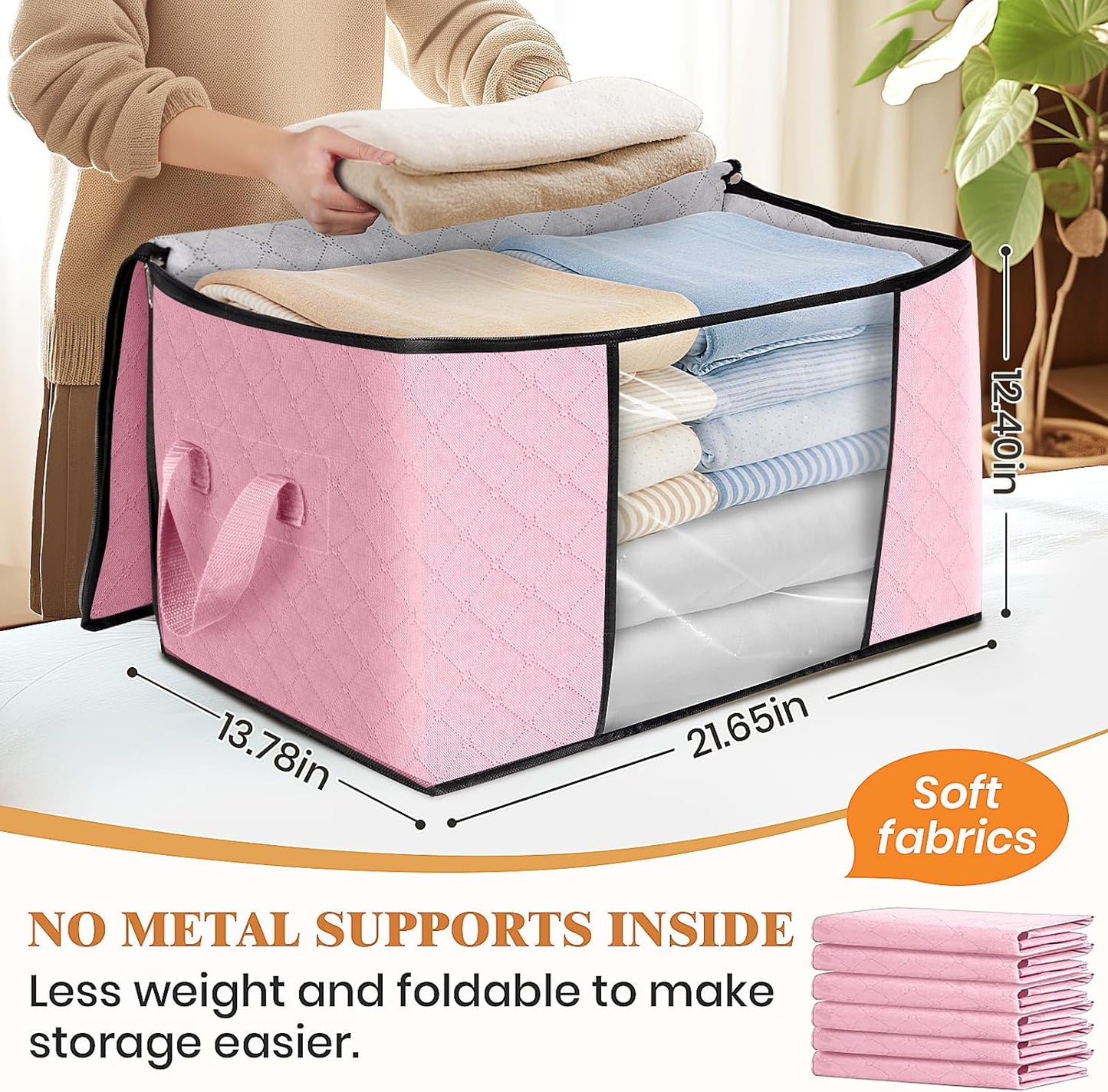 Fab totes 8 Pack Clothes Storage, Foldable Thick Fabric Blanket Storage Bags, Containers for Organizing Bedroom, Closet, Clothing, Comforter, Organization with Handle,Pink