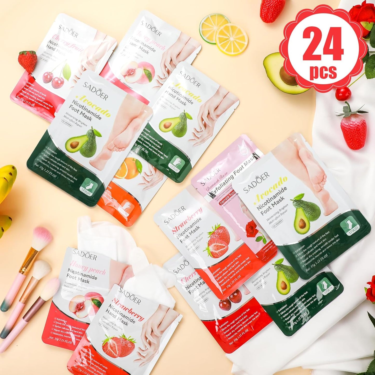 24 Pcs Fruits Beauty Hand Foot Mask Bulk Hydrating Hand Foot Moisturizing Gloves Shea Butter Aloe Mask for Spa Kit Beauty Skincare Gift Beauty Kits for Women