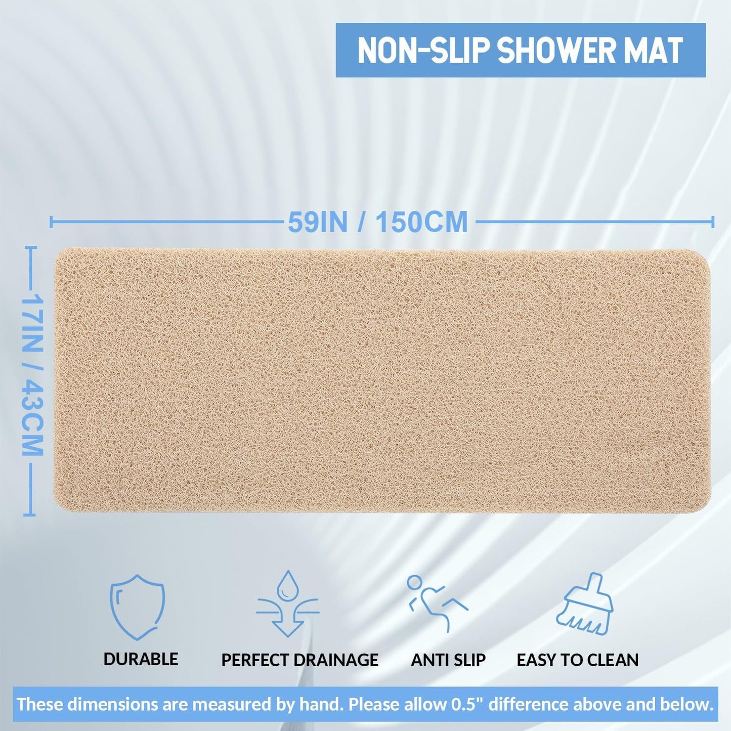 Non-Slip Bathtub Mat, 2 Pack Anti Slip Shower Mat, Fast Drying Bathtub Mats, Foot Scrubber Mat, Anti Slip Mat for Tub, Floor, Bathroom, Kitchen, Home, Hotel (Beige 59"×17.3")