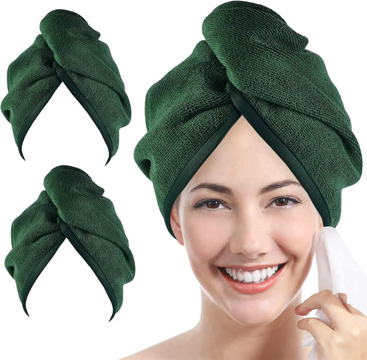 YoulerTex Microfiber Hair Towel Hair Wrap: 2 Pack 10X26 Hair Dryer Towels for Women Absorbent Turban Twist Hair Drying Shower Cap Curly Hair Products for Hair Care Hair Accessories (05 2-Pcs Emerald)