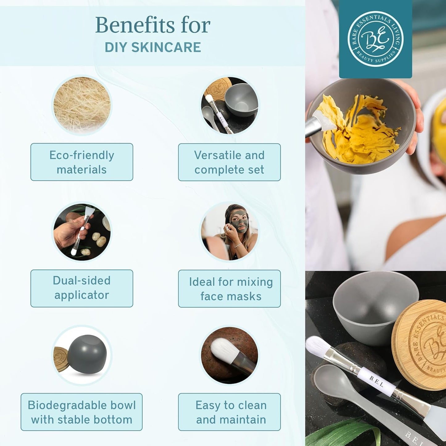 Bare Essentials Living - Clay Face Mask Mixing Bowl Set, Skin Care Kit Facial Bowls with Bamboo Lid, Face Mask Spoon, & Dual Sided Face Mask Brush Applicator for DIY Facial & Hair Clay Mask (Mermaid)