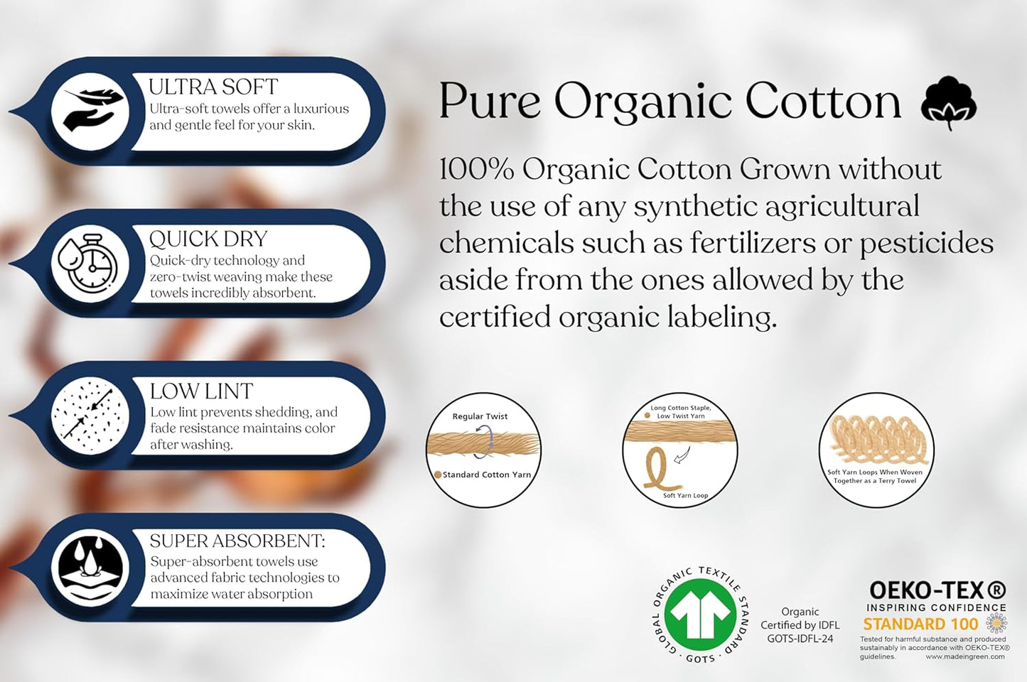 Delara 100% Organic Cotton Towels 650 GSM Plush Feather Touch Quick Dry Wash Cloth, Pack of 12 GOTS Certified, Oeko-Tex Green Certified, Organic Cotton Wash Cloth, 13"X13"