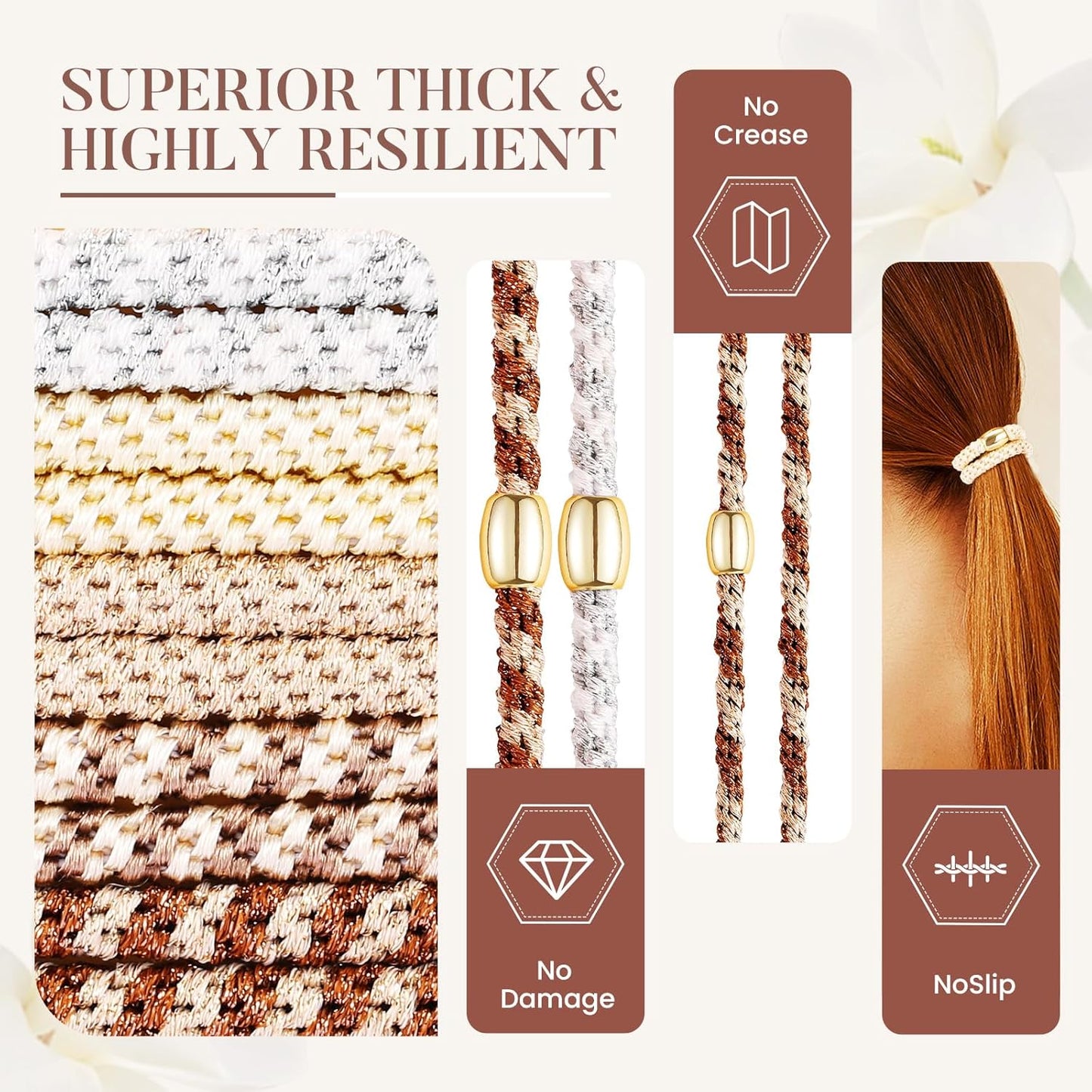 Hair Ties No Damage - 10PCS Ponytail Holders - Elastic Hair Ties for Thick Hair - Braided Hair Bands for Women Girls's Hair - Milk apricot color