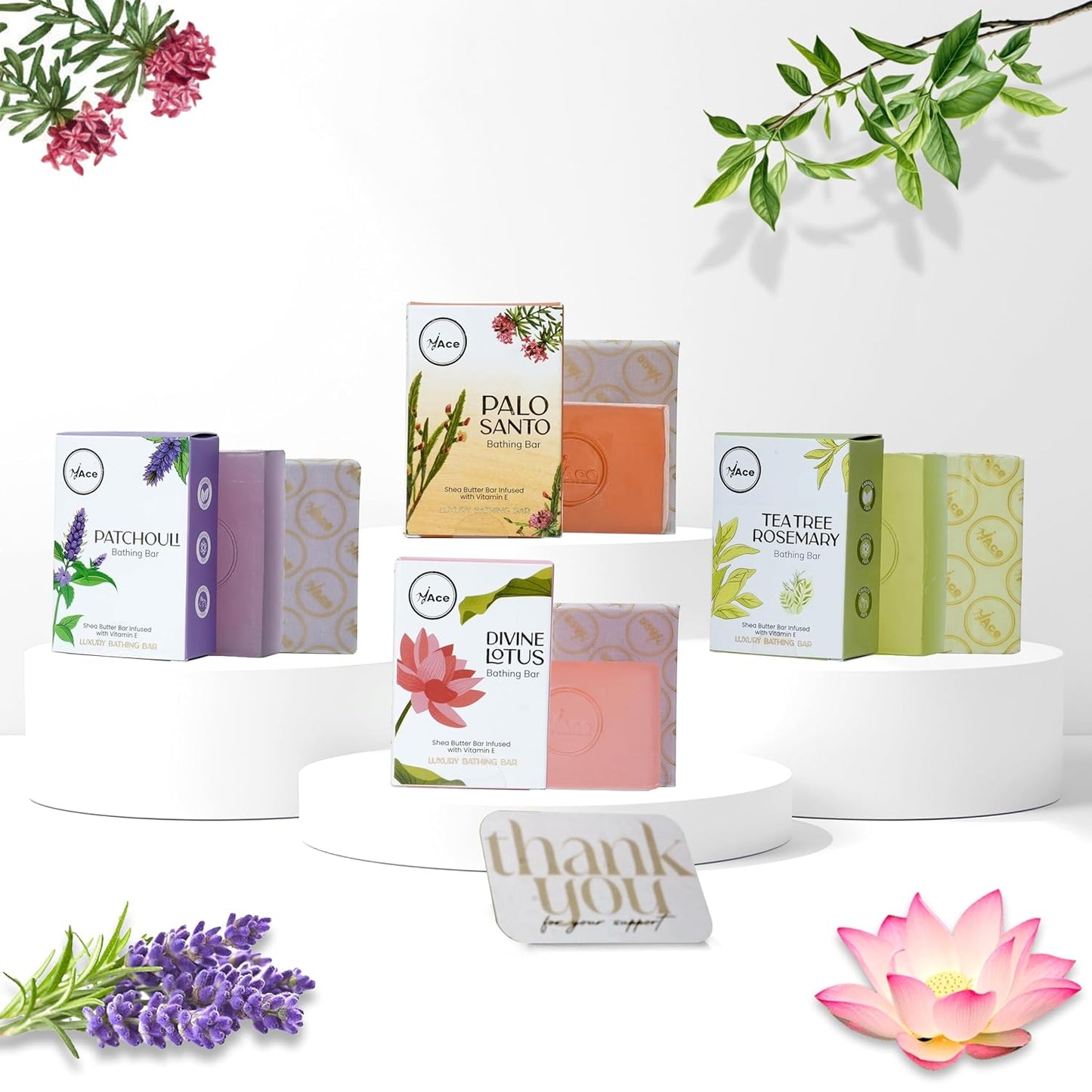 MY ACE Handmade Soap Set – 4 Bathing Bars: Tea Tree Rosemary, Patchouli, Divine Lotus & Palo Santo – SLES & Paraben-Free, Coconut Oil, Shea Butter & Vitamin E – Gentle & Moisturizing, 3.5 oz Each