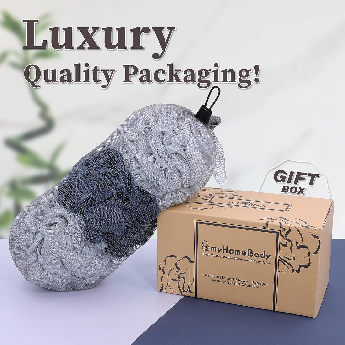 myHomeBody 60g Loofah Sponge, Body Scrubber, Bath Sponge, Loofah for Women, Men, Exfoliating Sponge Shower Pouf with Activated Charcoal - 2 Fog Gray + 1 Midnight Blue, 3 Pack