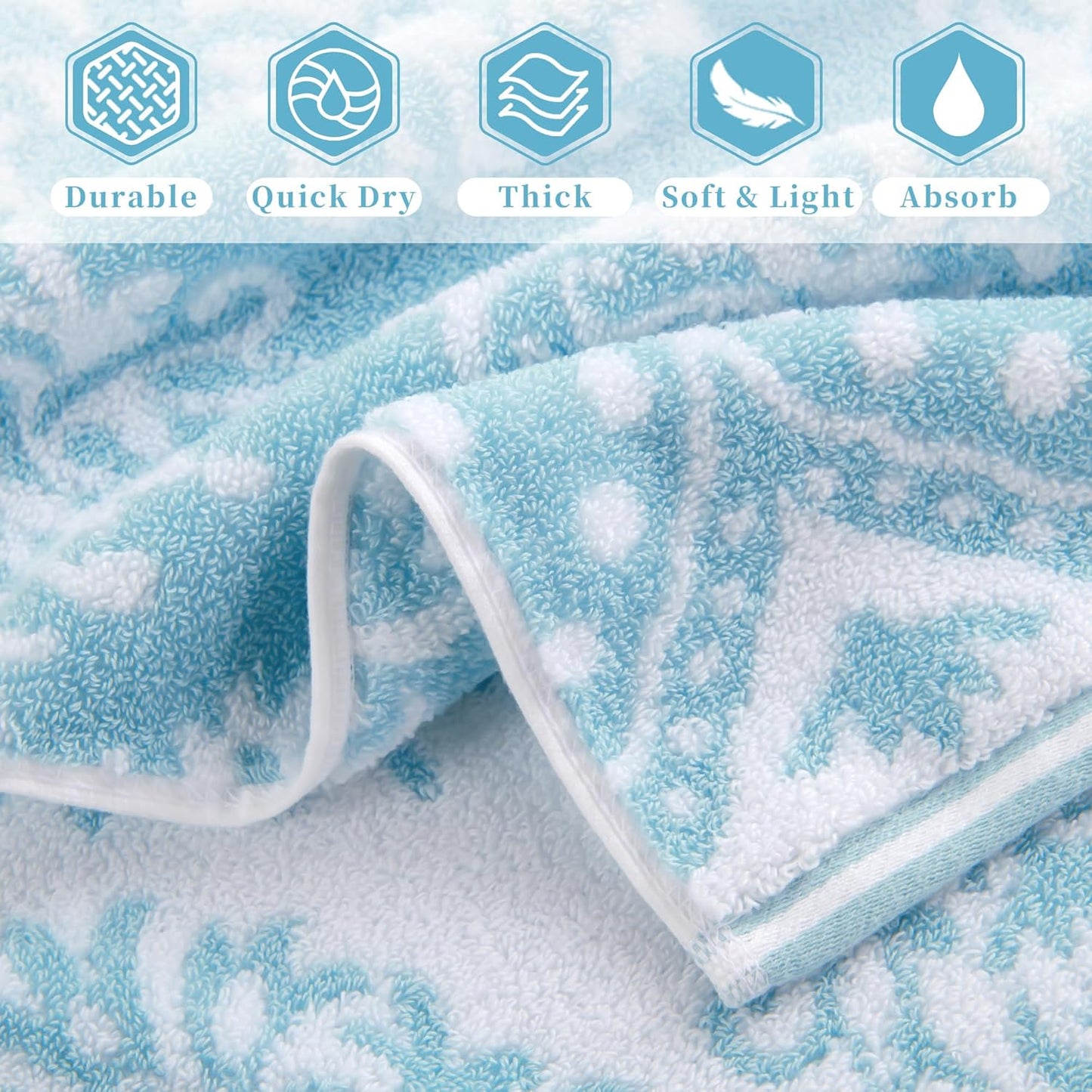 Cotton Wash Cloths for Showering (6PC, 13"x13") - Quick Dry | Thick | Absorbent, Soft Face Towels for Bathroom, Damask Jacquard Washcloth Set, Bathroom Decor & Home Essentials, Aqua and White