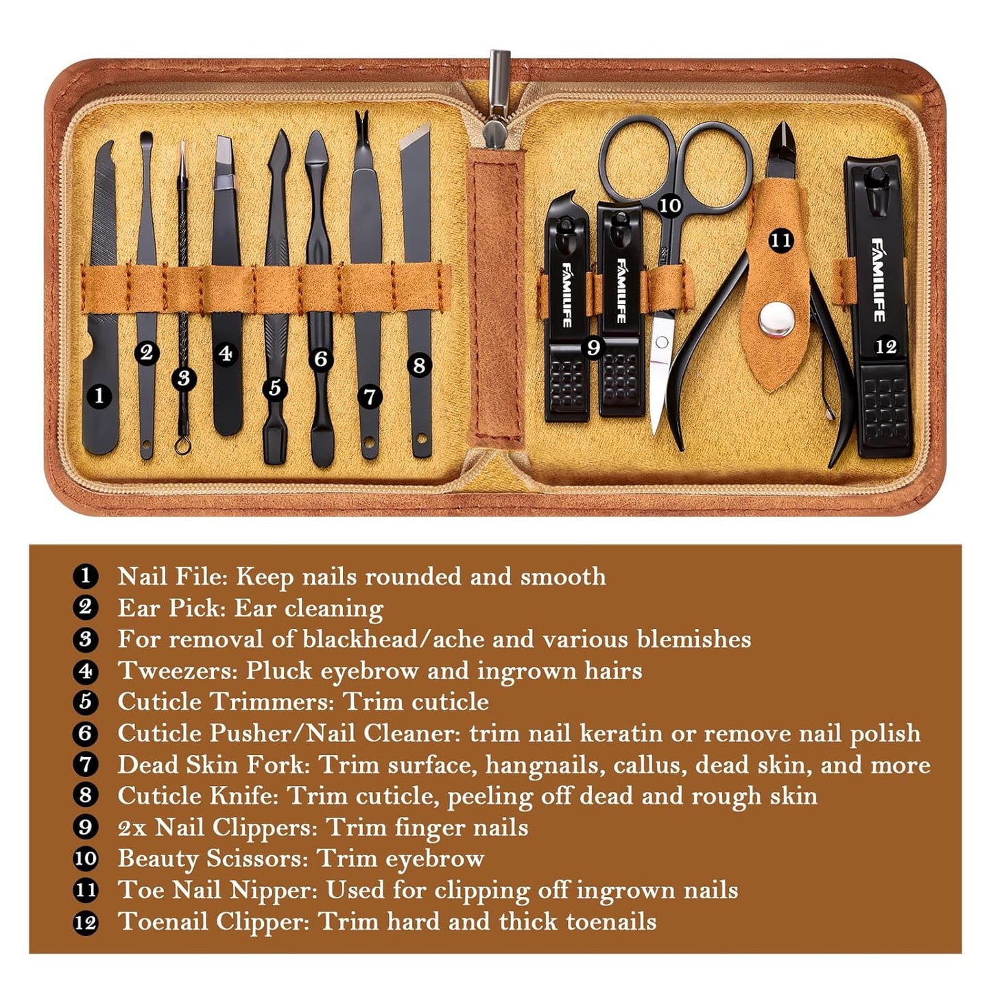 FAMILIFE Manicure Set, Professional Manicure Kit Nail Clipper Set Stainless Steel Pedicure Tools Kit with Leather Travel Case for Women Girl Men (Brown)