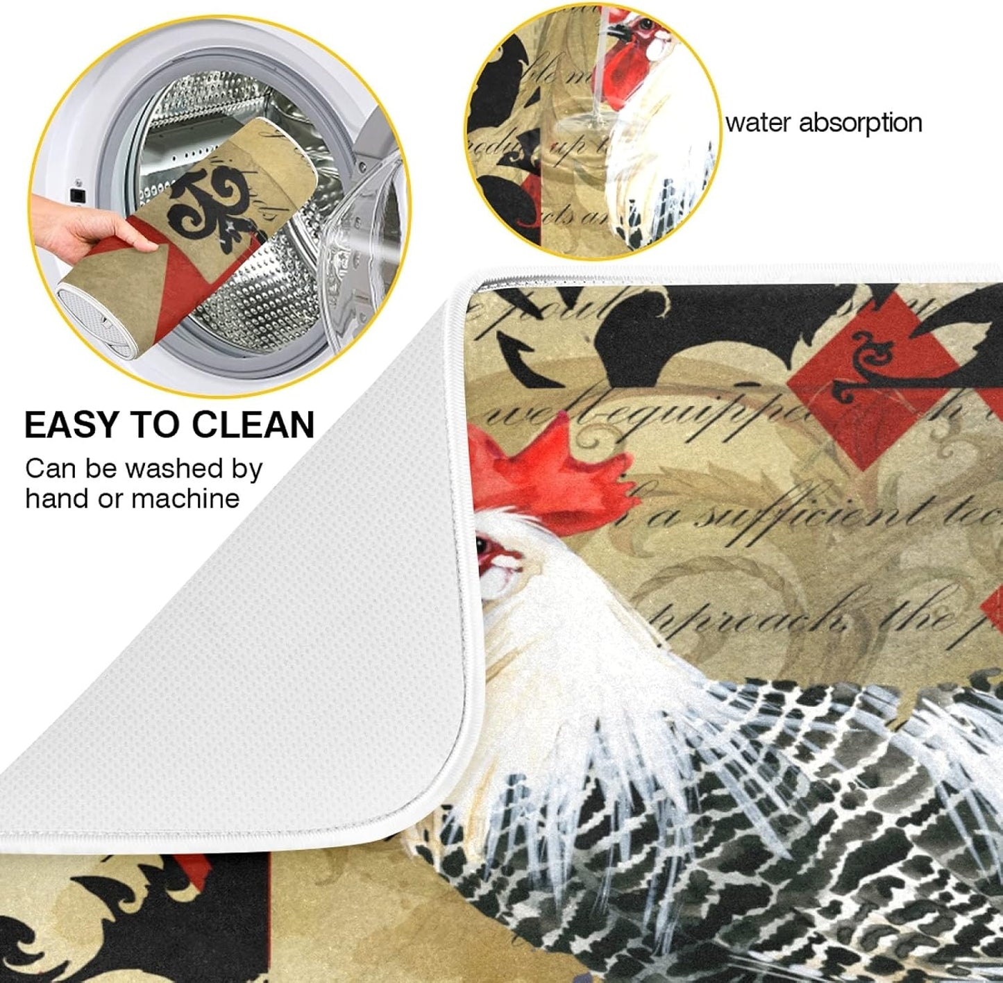 Dish Drying Mat for Kitchen Counter 18 x 16 Inch Rooster Vintage Domestic Farm Birds Microfiber Dish Mat Drying Pad Absorbent Dishes Pad Dish Drainer Rack Mats