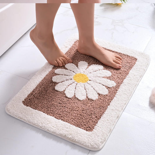 Bathroom Rugs Mat, White Flower Bath Rugs Fluffy Soft Superfine Fiber Rugs Non Slip Bath Mat Machine Wash Plush Mats,Bathroom Rug for Bathroom Shower Room (16"×24", Brown)