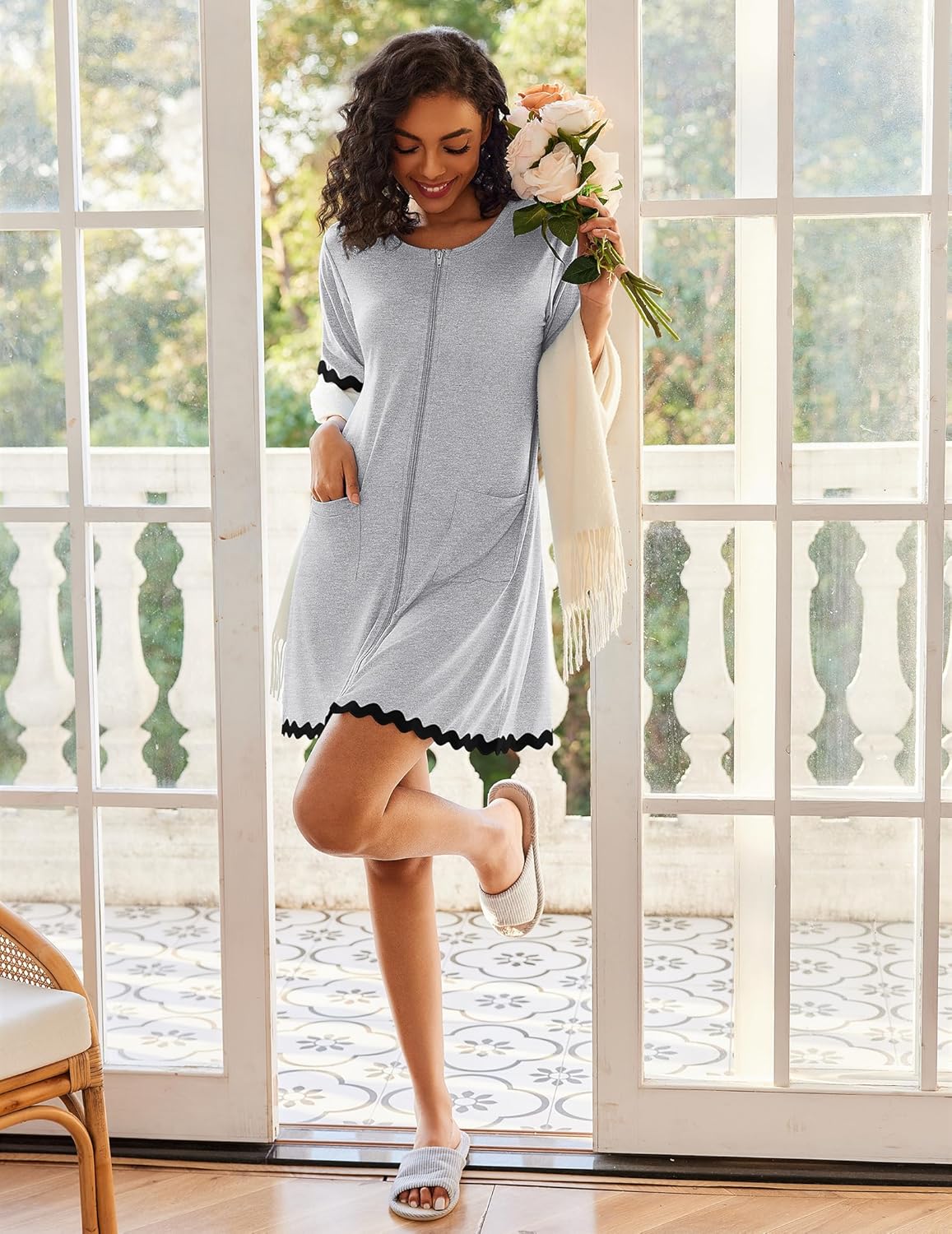 Ekouaer Women Zip Up Robe Lightweight Housecoats with Pockets Knee Length Short Bathrobes Soft Nightgown S-3XL