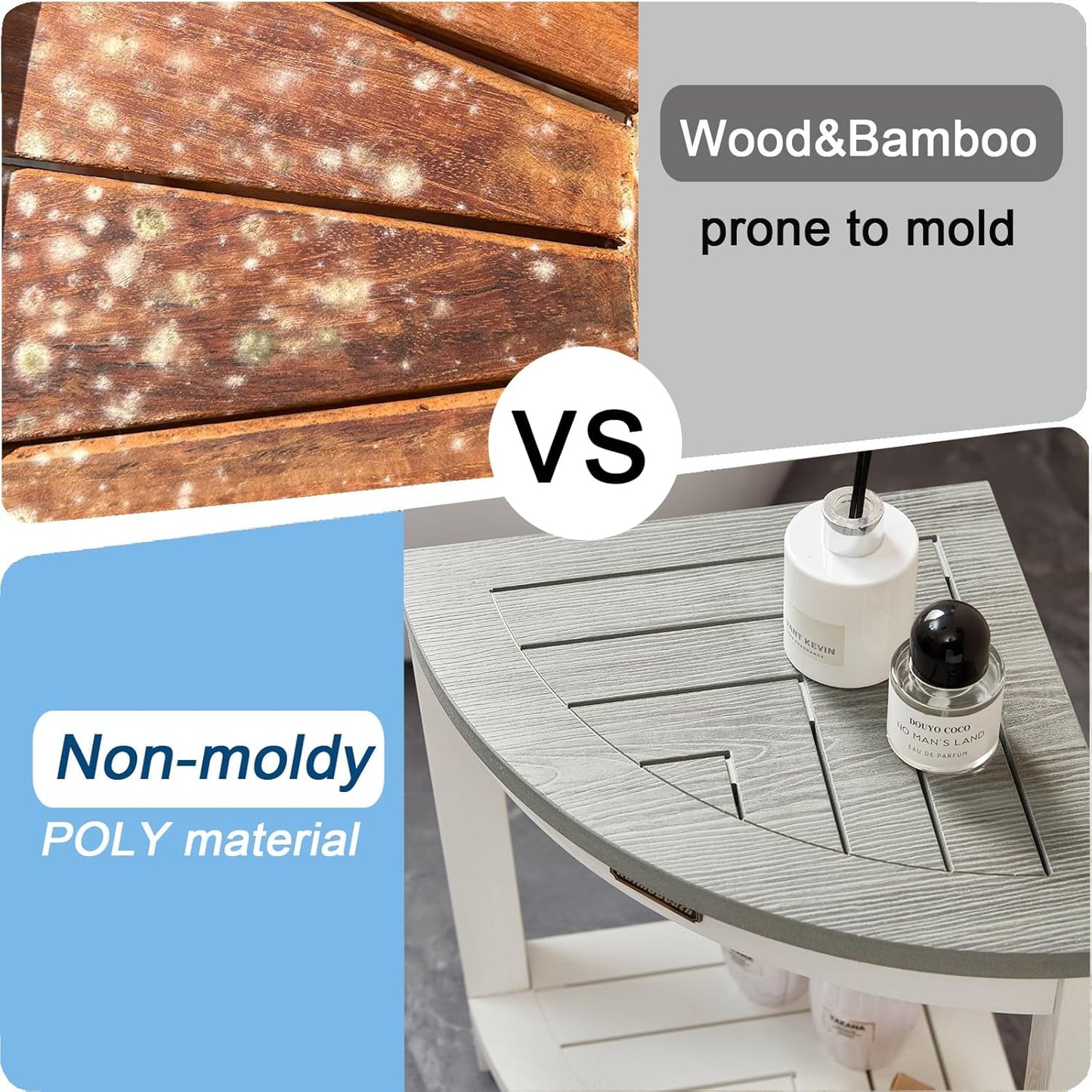 HDPS Corner Shower Stool, Heavy Duty Bench Seat with Shelf, Poly Shower Chair for Shaving Legs, No Maintenance, White+Gray, Weight Capacity 500LBS