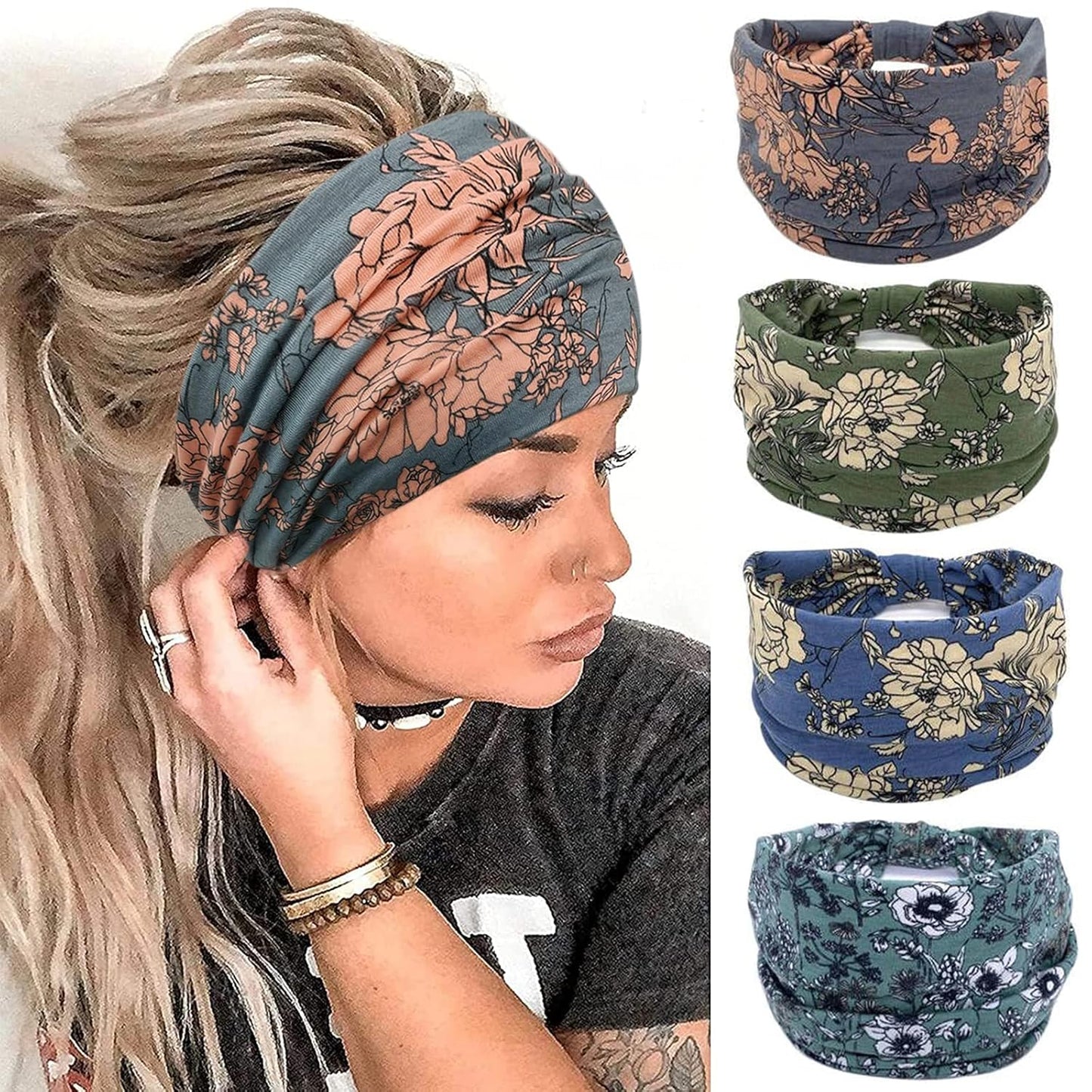 Wide Boho Headbands for Women Fashion Knotted Headband Yoga Workout Hair Accessories African Head Wrap 4 Pack
