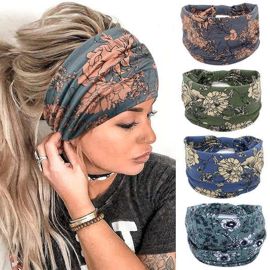 Wide Boho Headbands for Women Fashion Knotted Headband Yoga Workout Hair Accessories African Head Wrap 4 Pack