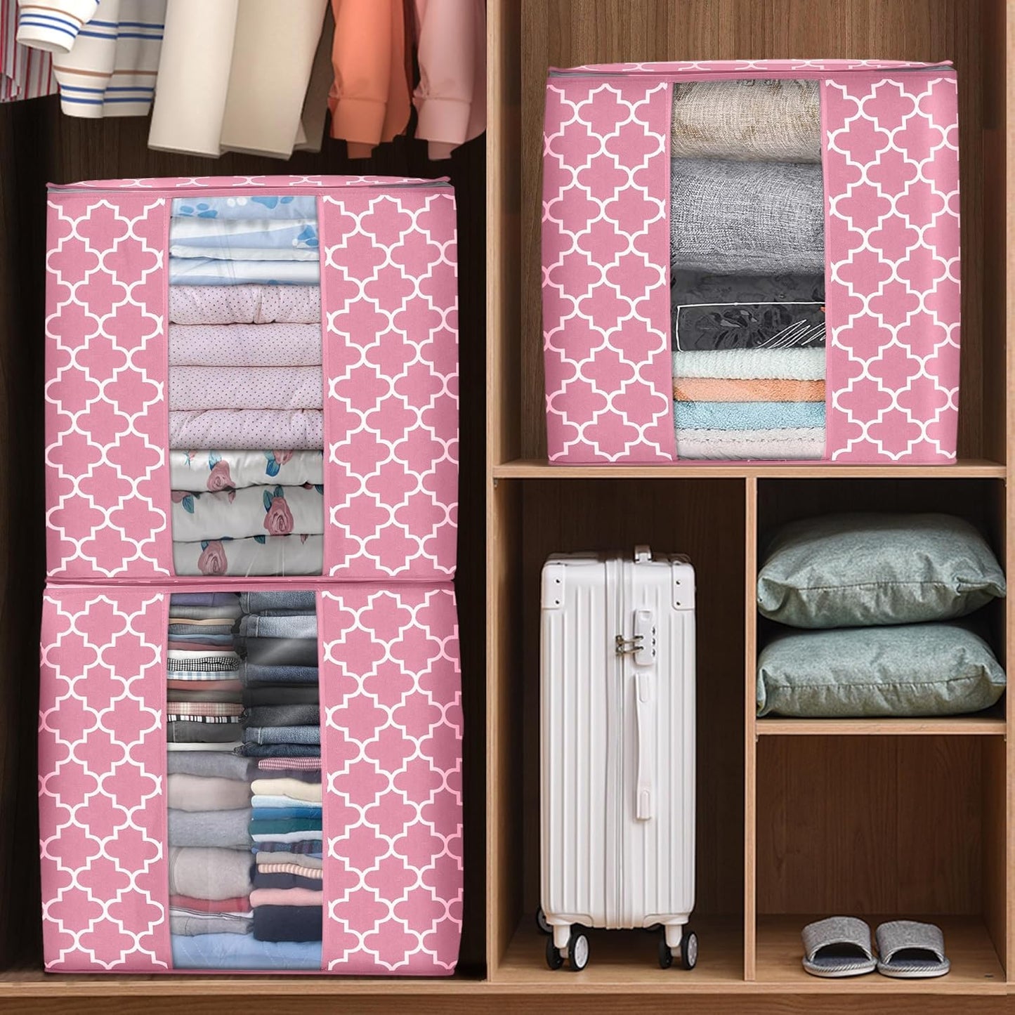 WISELIFE Storage Bags 8 Pack/100L Large Blanket Clothes Organization and Storage Containers for Comforters,Bedding, Foldable Organizer with Reinforced Handle, Clear Window, Sturdy Zippers,Pink