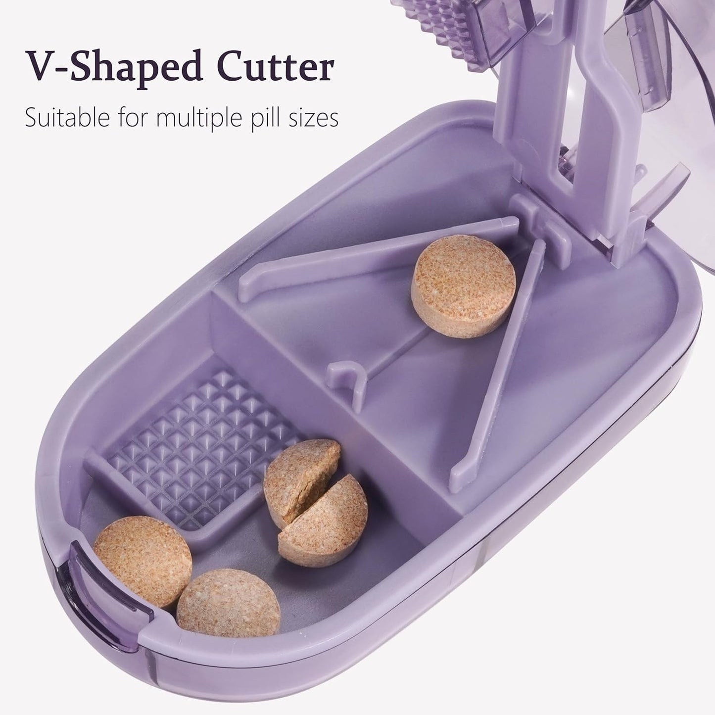 Pill Cutter Splitter for Small and Tiny Pills, or Large Pills. V-Shaped Design for Multiple Sizes. Safety Blade Guard. Loss-Proof Built-in Small Brush & Sliding Door Pill Storage (Purple)