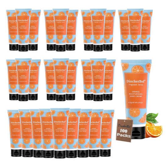 DincherBel 100 Pack Orange Moisturizing Hand Cream Bulk - Travel Size Non-Greasy Hand Lotion Set for Dry Skin, Instant Hydrating Hand Care for Women, 1.0 oz/30 ml