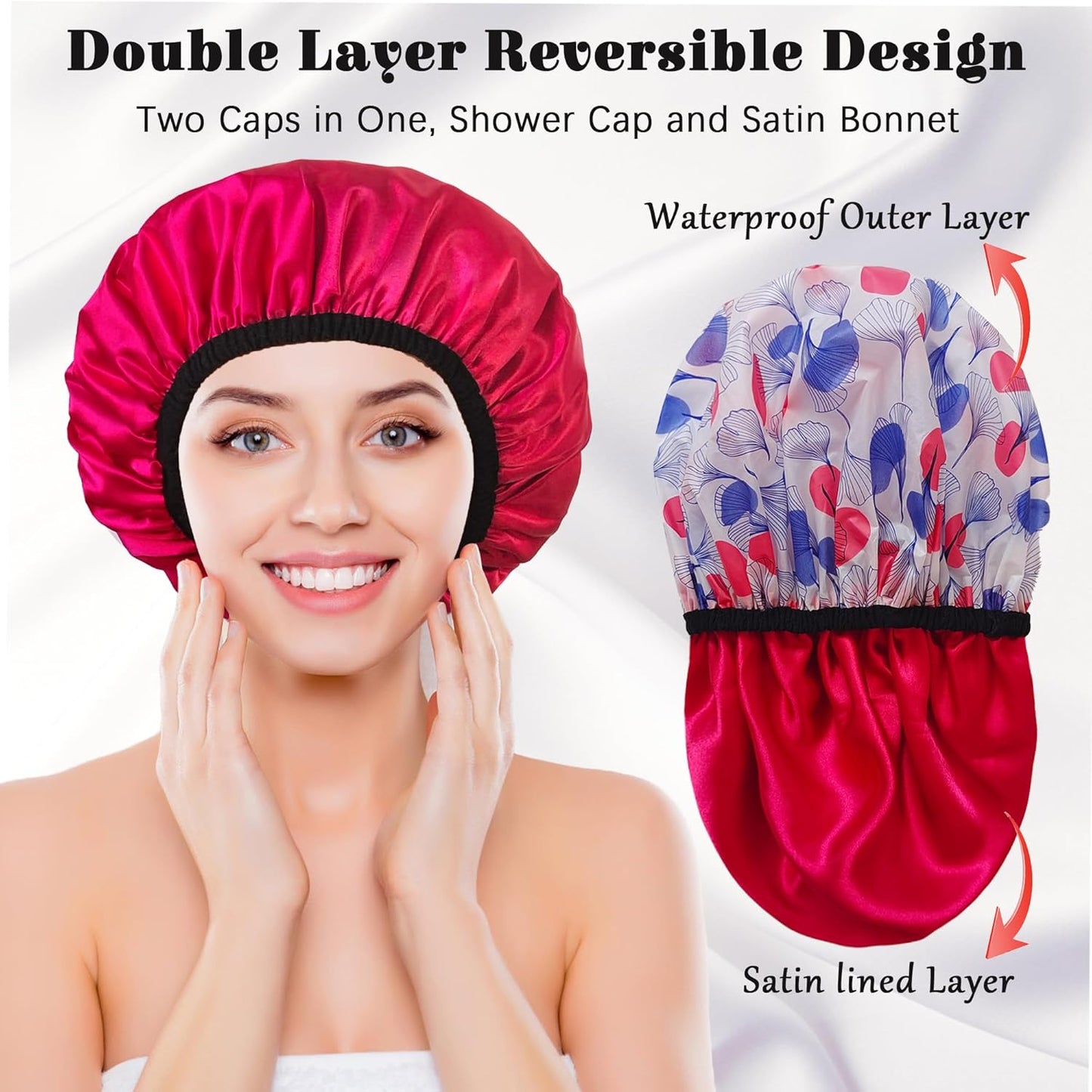 Shower Cap for Women, Shower Caps Reusable Waterproof, Large Plastic Satin Lined Shower Cap for Braids Long Hair