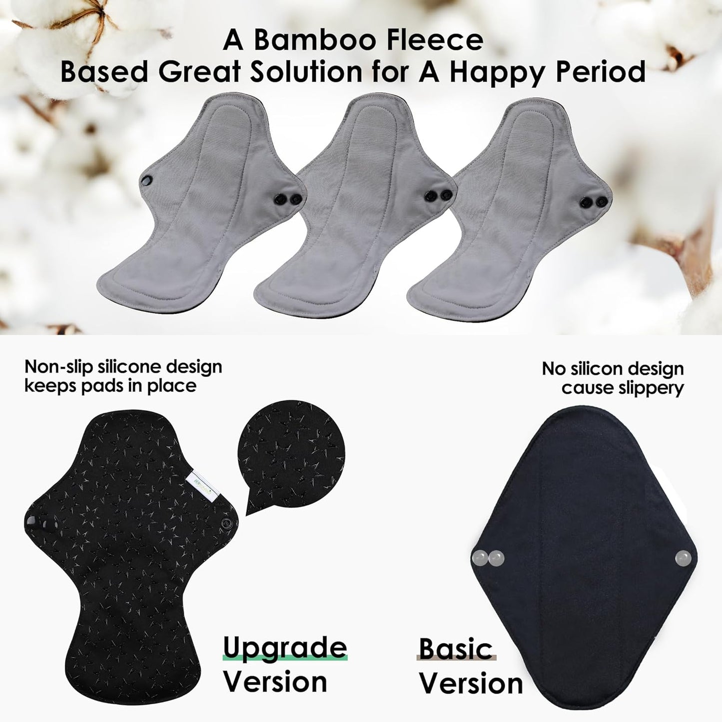 wegreeco 6 Pcs Reusable Menstrual Pads, Ultra Absorbent Cloth Pads for Heavy Flow, Sanitary for Teens, Women, Nonslip, Grey Inner, Black Outer, X-Large