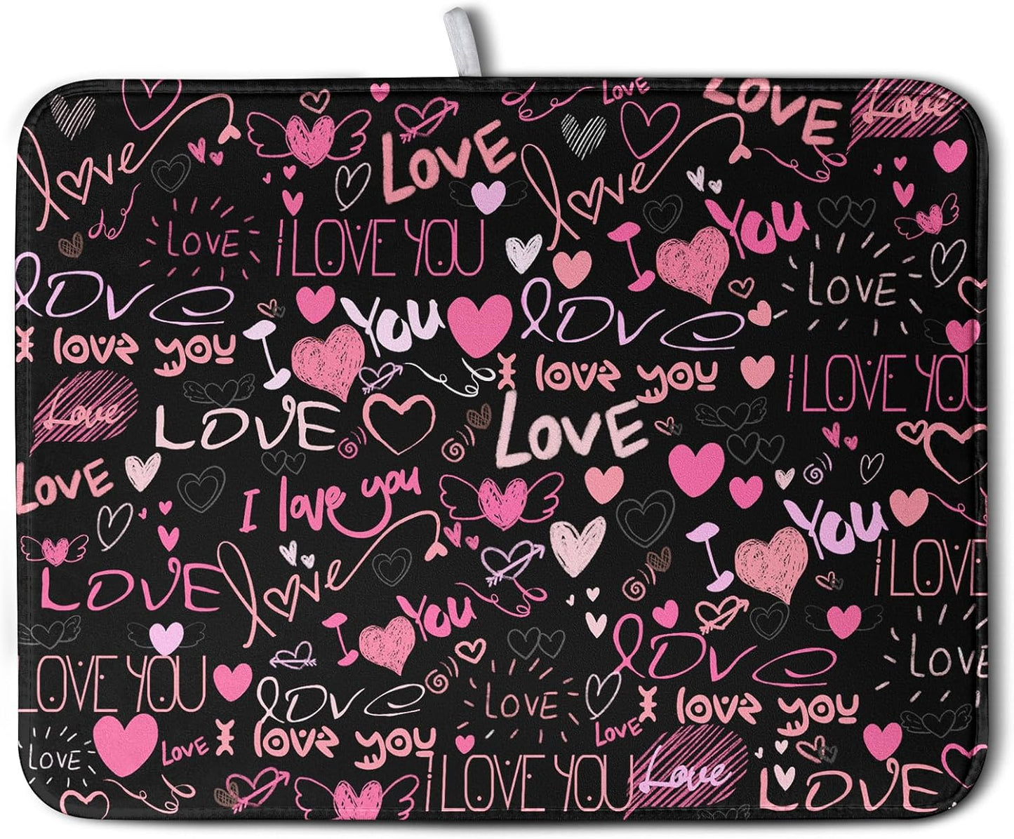 Mother's Day Dish Drying Mat for Kitchen Counter Love Heart Black Drying Mats Absorbent Reversible Microfiber Dish Pad Washable Dish Draining Mat Extra Large 18x24 Inch