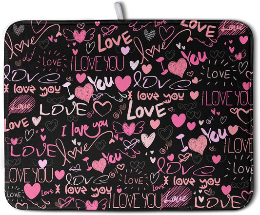 Mother's Day Dish Drying Mat for Kitchen Counter Love Heart Black Drying Mats Absorbent Reversible Microfiber Dish Pad Washable Dish Draining Mat Extra Large 18x24 Inch