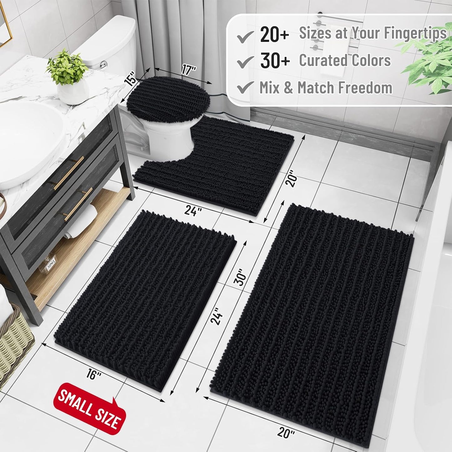 Arotive Luxury Chenille Bathroom Rug Mat, Extra Soft Thick Absorbent Shaggy Bath Rugs, Non-Slip Machine Wash Dry, Plush Bath Mats for Bathroom, Shower and Tub, 34x21, Black