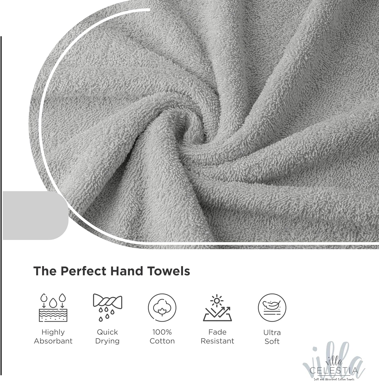100% Cotton Hand Towel Set of 2, (16 x 28 inches) Sustainable, Soft, Highly Absorbent, Quick Drying, Combed Cotton Hand Towels Pack of 2 Ideal for Hotels, Spa, Bathroom, Dorm, Silver