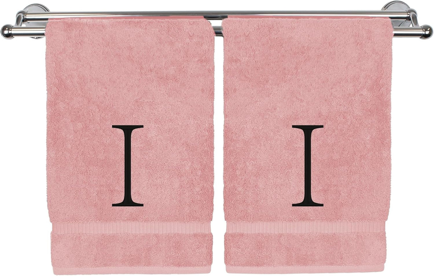 Monogrammed Hand Towel, Personalized Initial Gift, Extra Absorbent 100% Turkish Cotton - Soft Terry Finish - Set of 2 - Black Block Initial I - Embroidered on Pink Towels