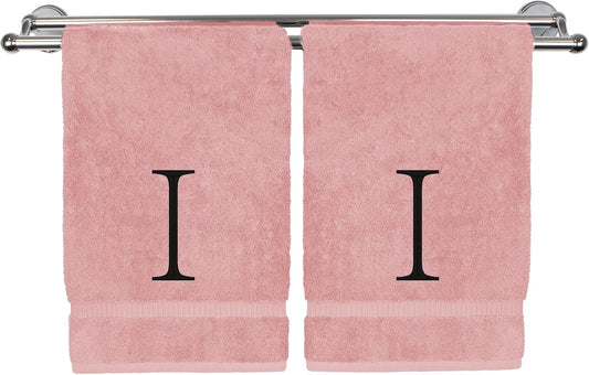 Monogrammed Hand Towel, Personalized Initial Gift, Extra Absorbent 100% Turkish Cotton - Soft Terry Finish - Set of 2 - Black Block Initial I - Embroidered on Pink Towels