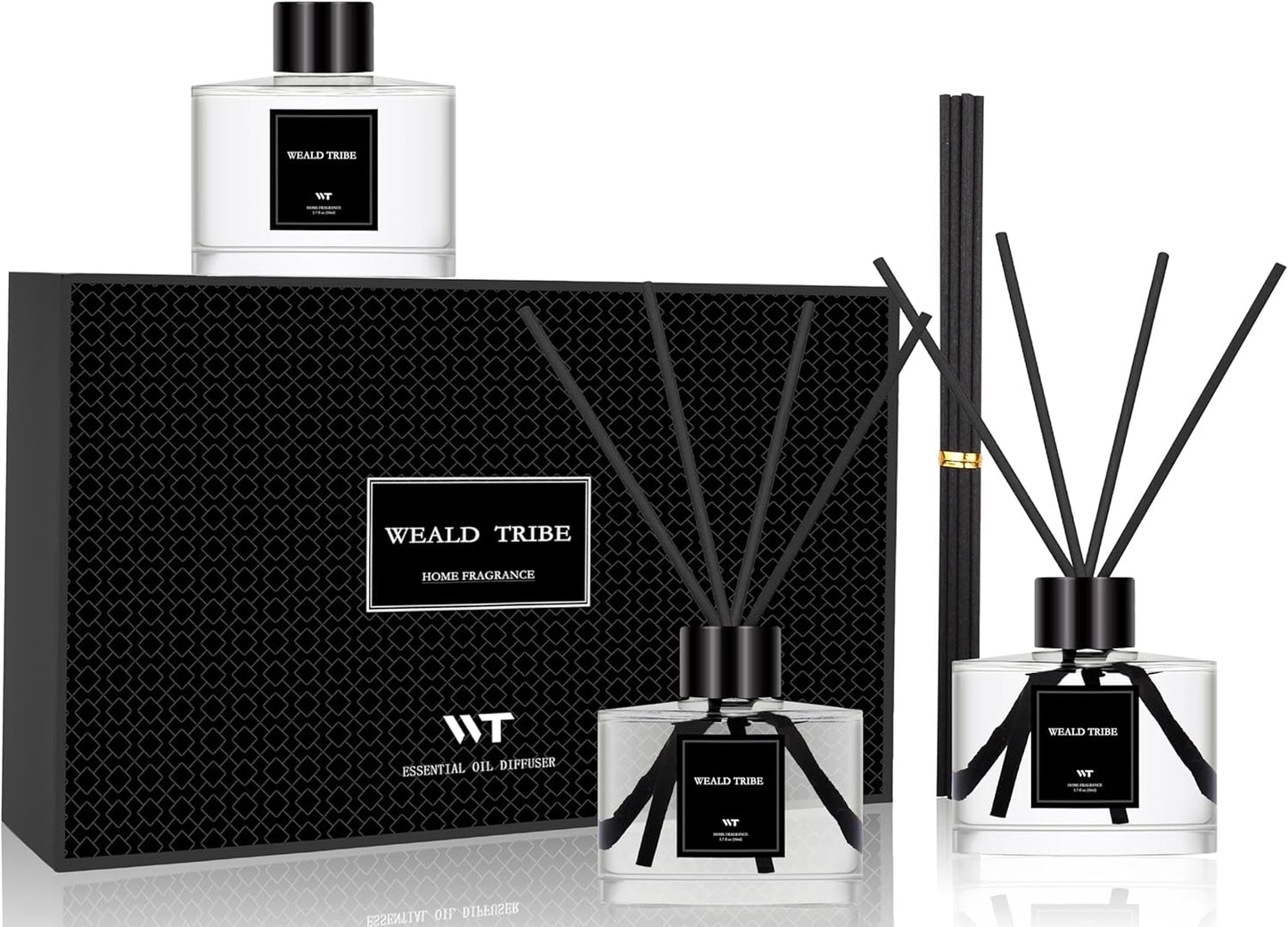 WEALD TRIBE Reed Diffuser Set Of 3 For Bathroom Air Fresheners, Oil Defusers Sticks | Bamboo, Sage & Sea Salt, Sandalwood Ebony Scent(1.7 fl oz Each Pack) Home Fragrance With 12 Sticks | Shelf Decor