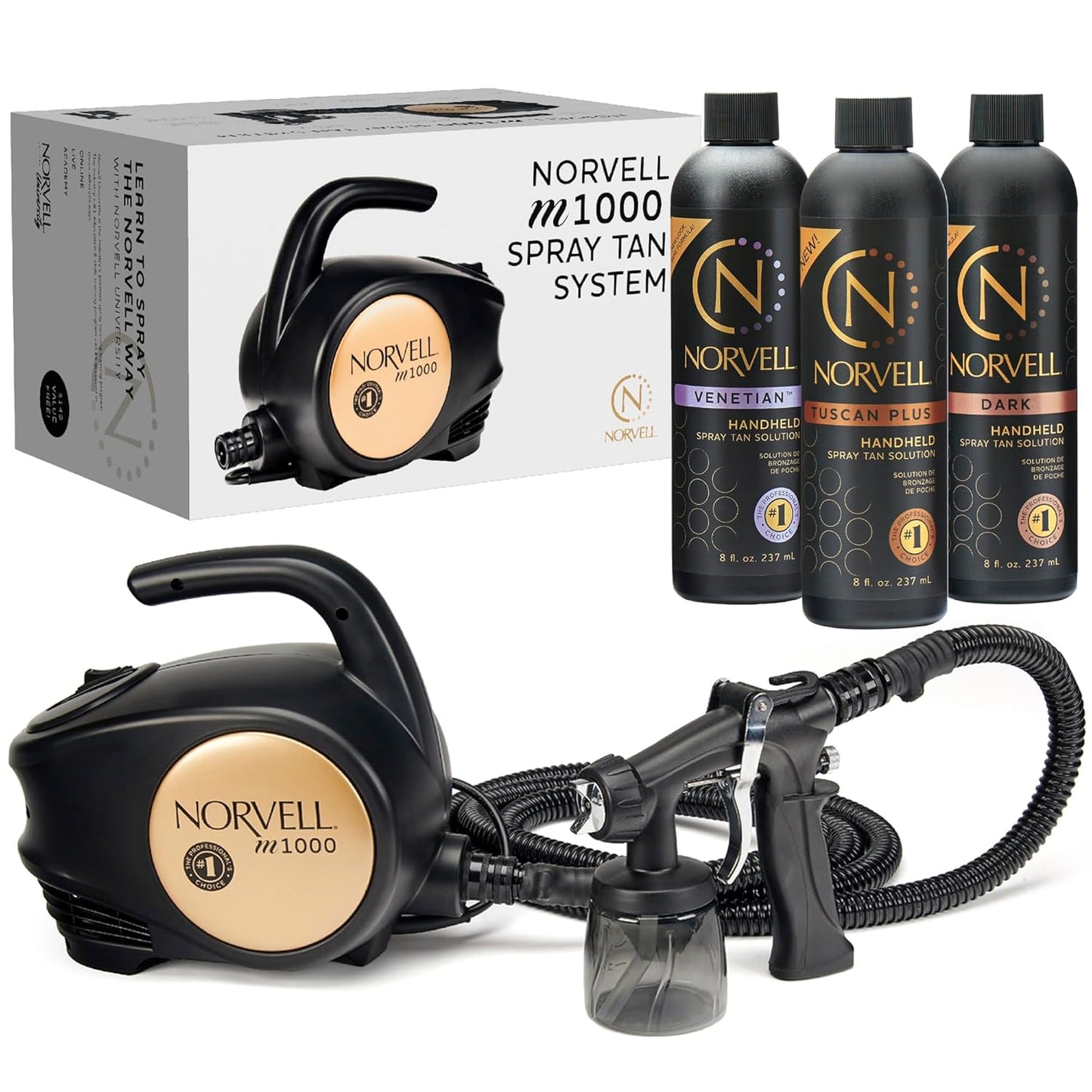 Norvell Spray Tan Machine Kit - Sunless M1000 Mobile HVLP Tanning Airbrush Machine with 8oz Tuscan Plus, Venetian & Dark Solutions – Professional Tanning System with Training Program