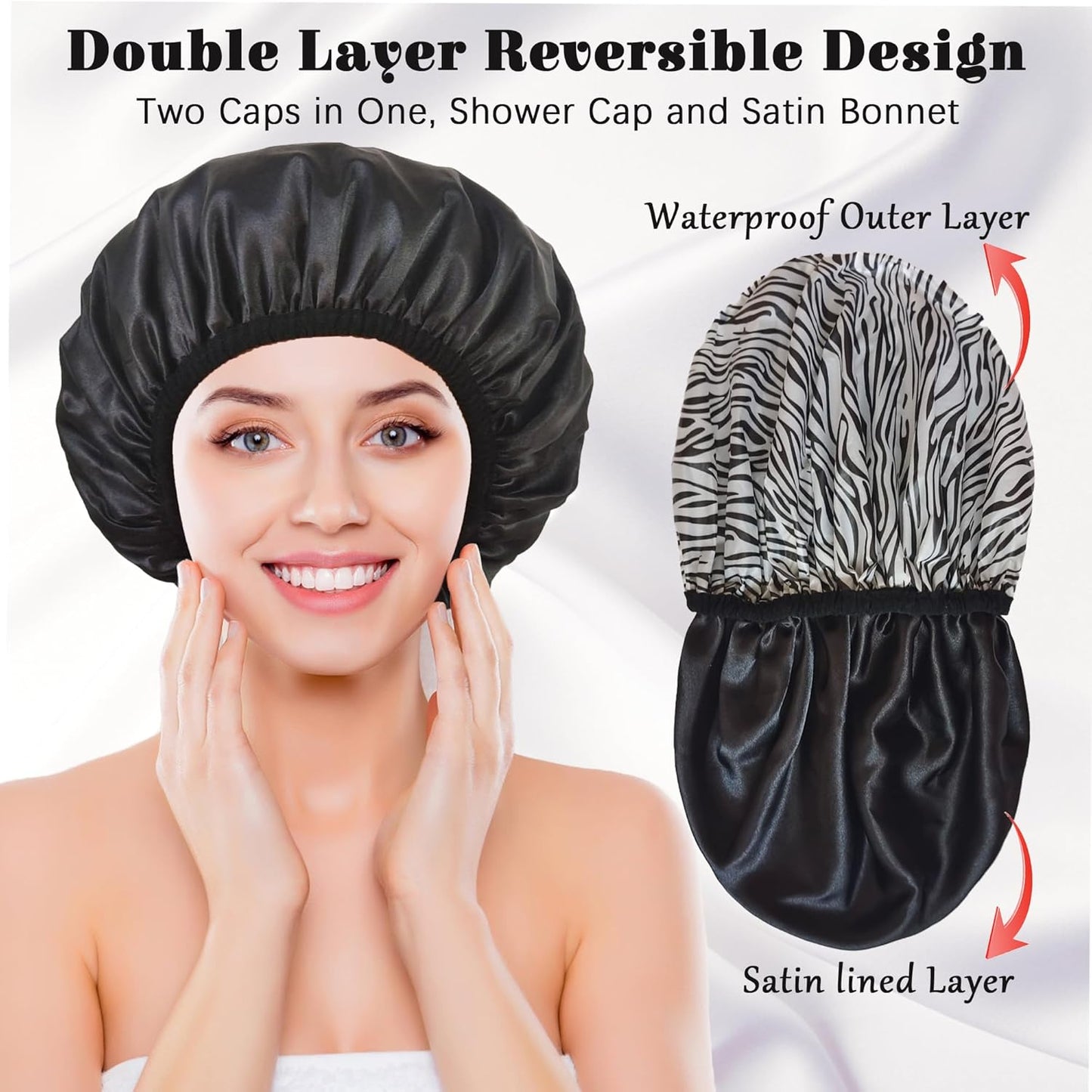 Shower Cap for Women, Shower Caps Reusable Waterproof, Large Plastic Satin Lined Shower Cap for Braids Long Hair