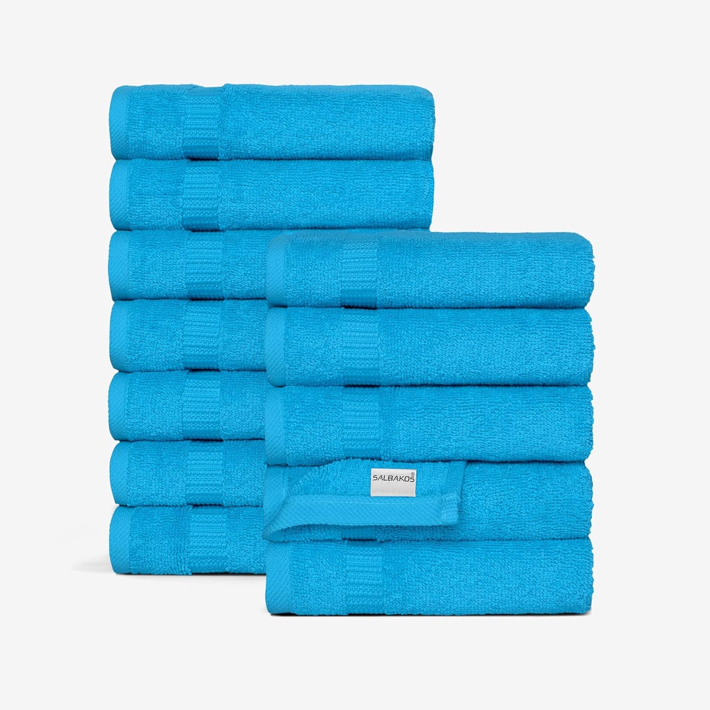SALBAKOS 100% Turkish Cotton Washcloth Set of 12 13x13 inch | Heirloom Quality | Hotel & Spa Collection | Ultra Soft, Super Absorbent, Washcloth Towels | Made in Turkey (Aqua, 12 Washcloths)