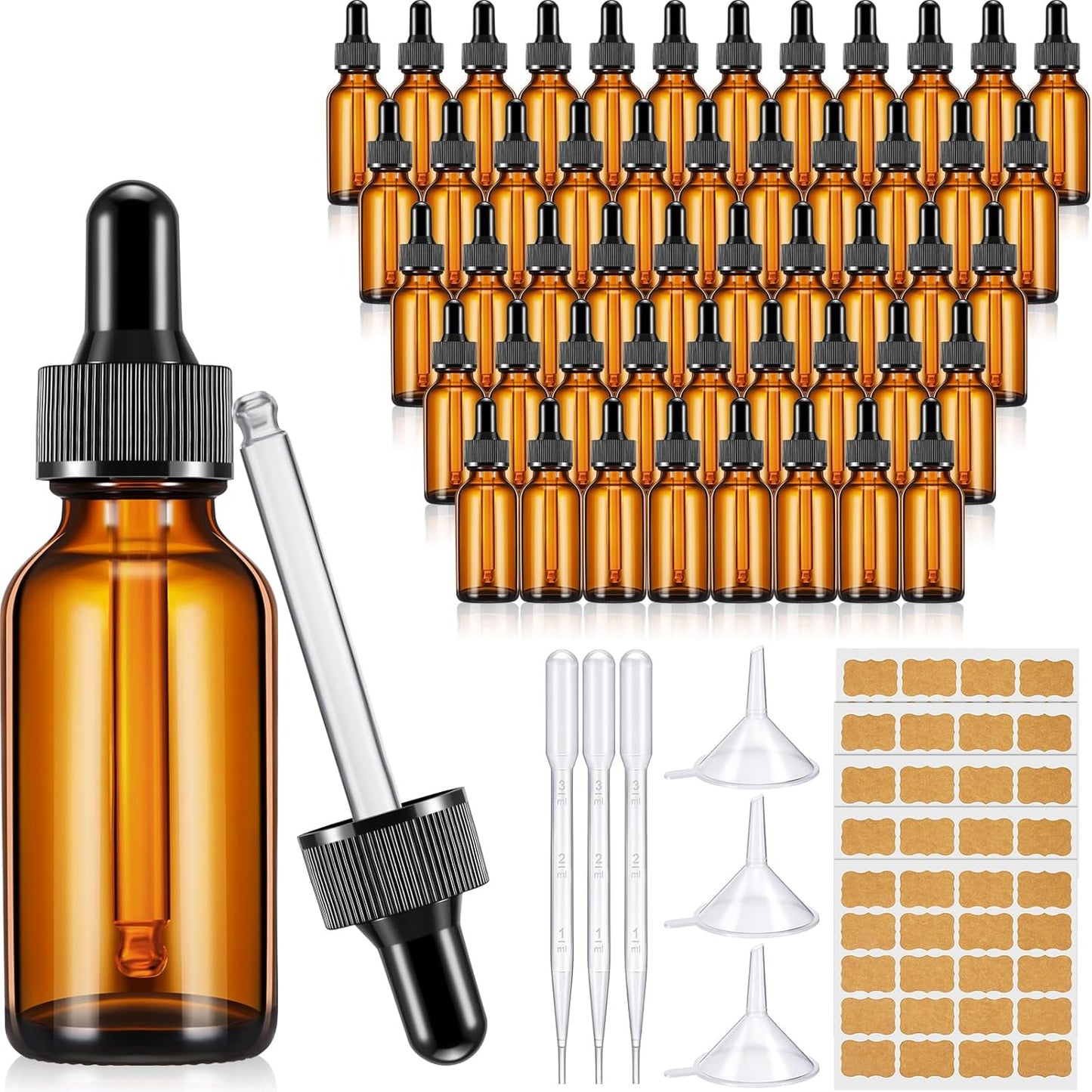 Lallisa 100 Pack Essential Oil Dropper Bottle 30 ml (1 oz) Glass Dropper Bottles DIY for DIY Essential Oil Perfume with 5 Funnels 5 Pipettes 3ml 100 Labels for Bathrooms, Hotels, Labs (Amber)