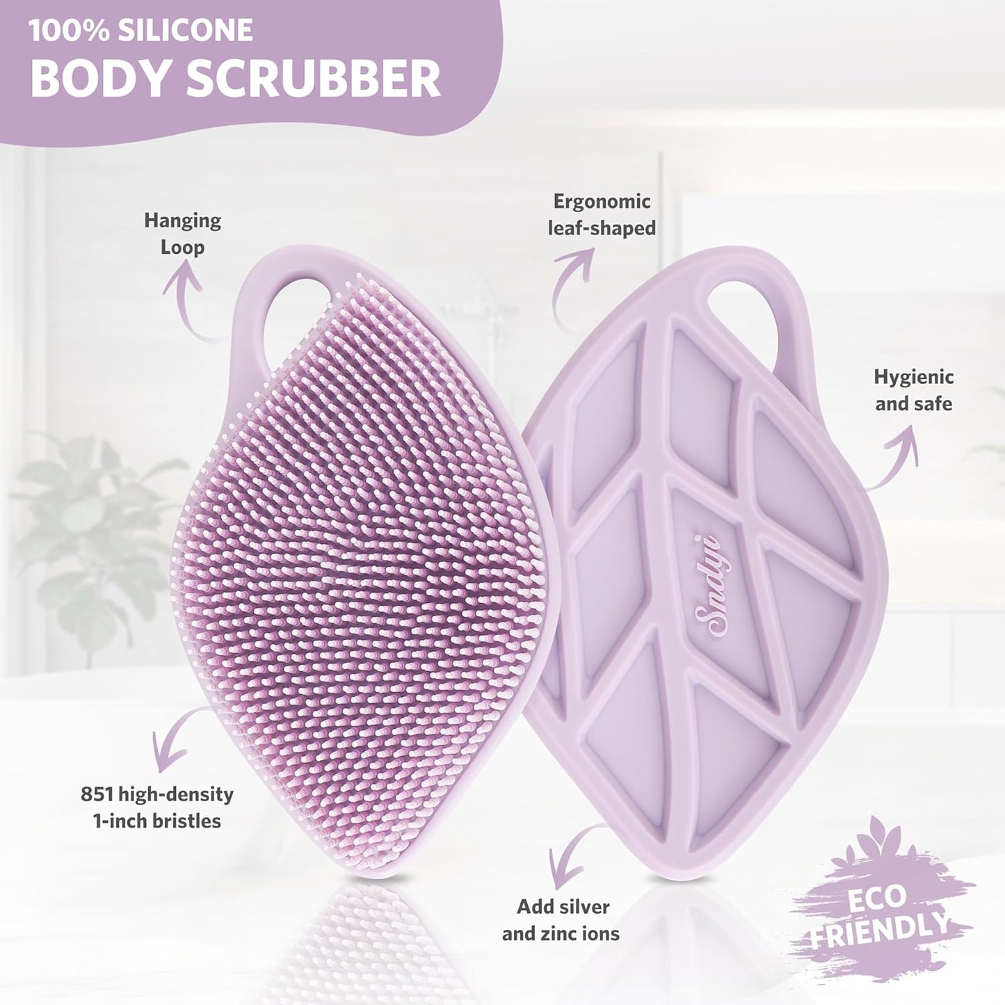 Sndyi Silicone Body Scrubber, Gentle Exfoliating Body Scrubber for Sensitive Skin, Leaf Shaped Shower Scrubber for Body with Lathering Bristles, Silicone Loofah Body Brush for Showering, Purple