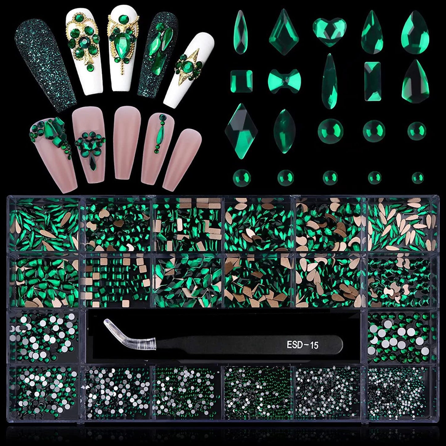 3100Pcs Green Rhinestones for Nail, EBANKU 12 Types of 600 Nail Diamonds +2500 Flat Rhinestones Kit Mixed Shape AB Nail Gems Jewels with Rhinestone Picker Dotting Pen Tweezers