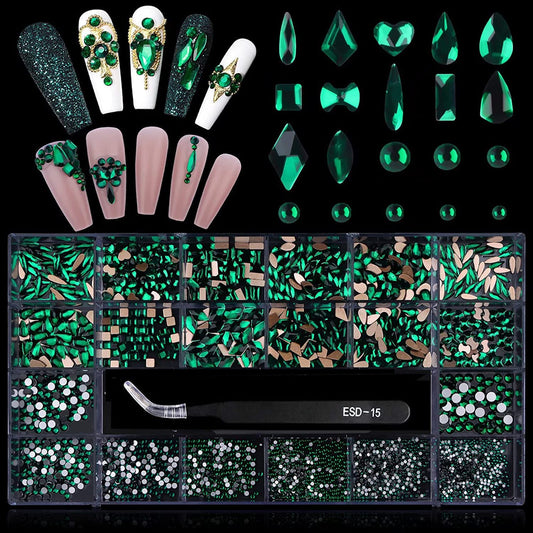 3100Pcs Green Rhinestones for Nail, EBANKU 12 Types of 600 Nail Diamonds +2500 Flat Rhinestones Kit Mixed Shape AB Nail Gems Jewels with Rhinestone Picker Dotting Pen Tweezers