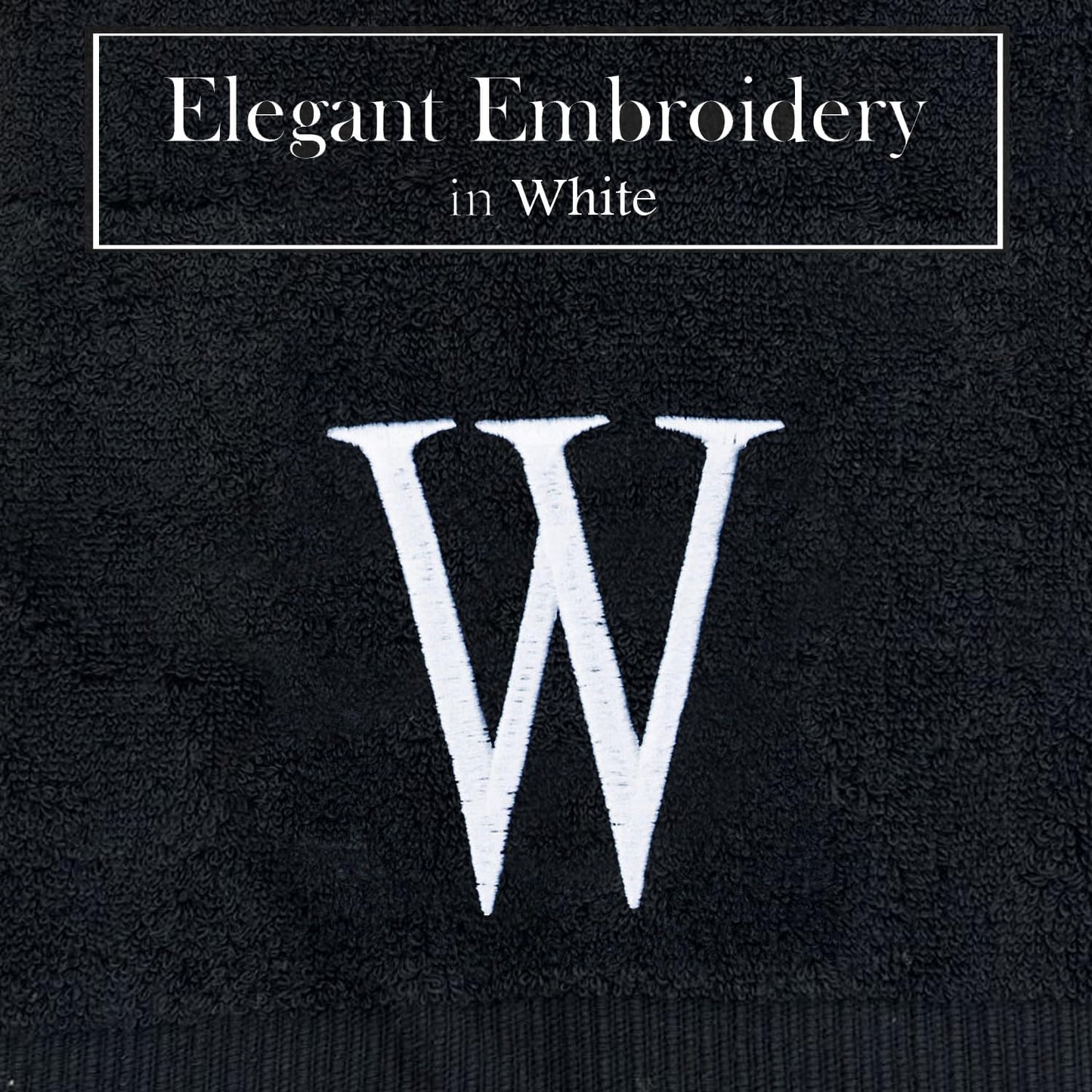 Black Luxury Hand Towel for Bathroom - Monogrammed Initial Hotel Quality Decorative Embroidered Towel for Powder Room, Spa - GOTS Organic Certified - Pack of 2 - Letter W