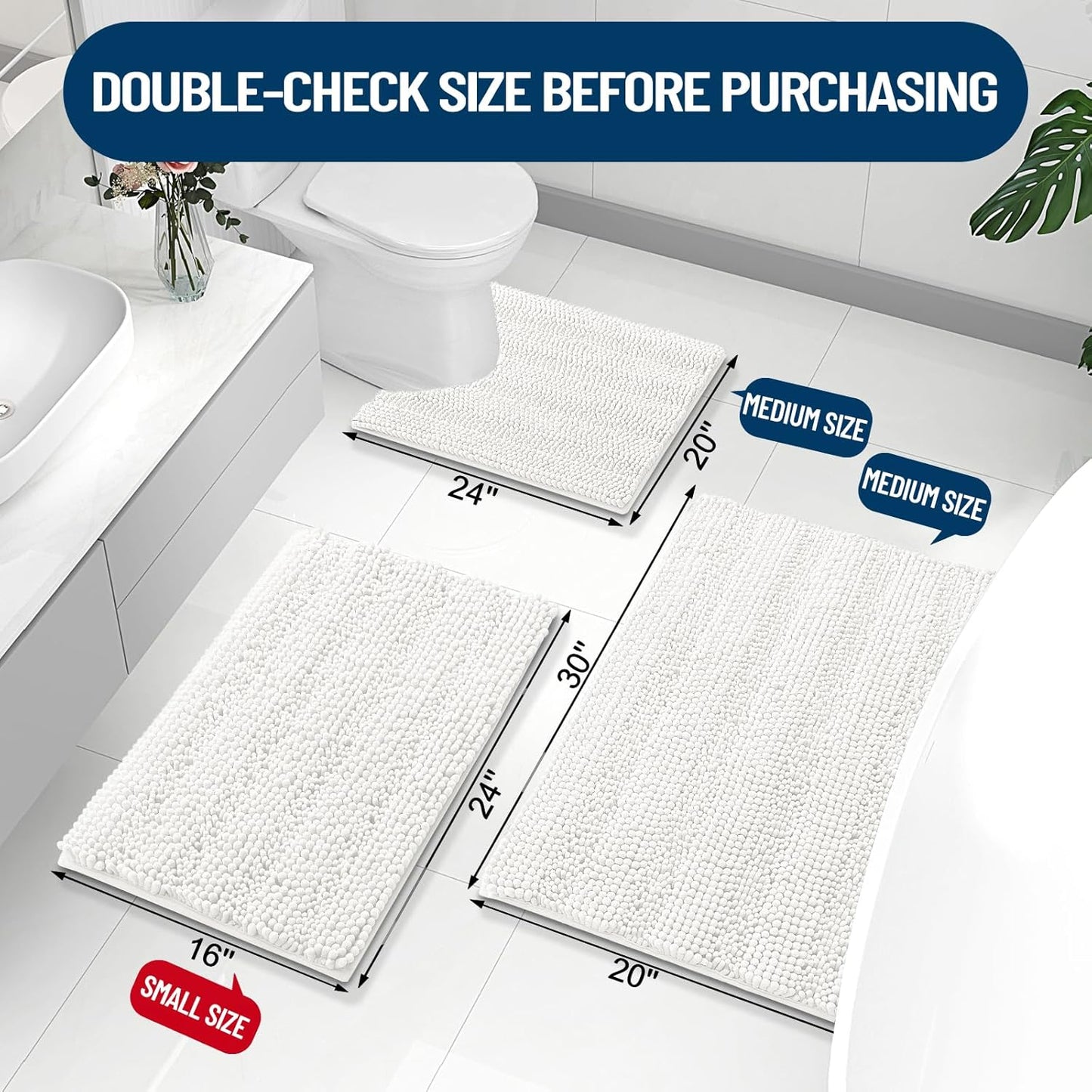 Grandaily Chenille Striped Bathroom Rugs 24x16, Extra Thick and Absorbent Bath Mats, Non-Slip Soft Plush Shaggy Shower Carpet, Machine Wash Dry, Bath Rug for Bathroom, (Small, Ivory)